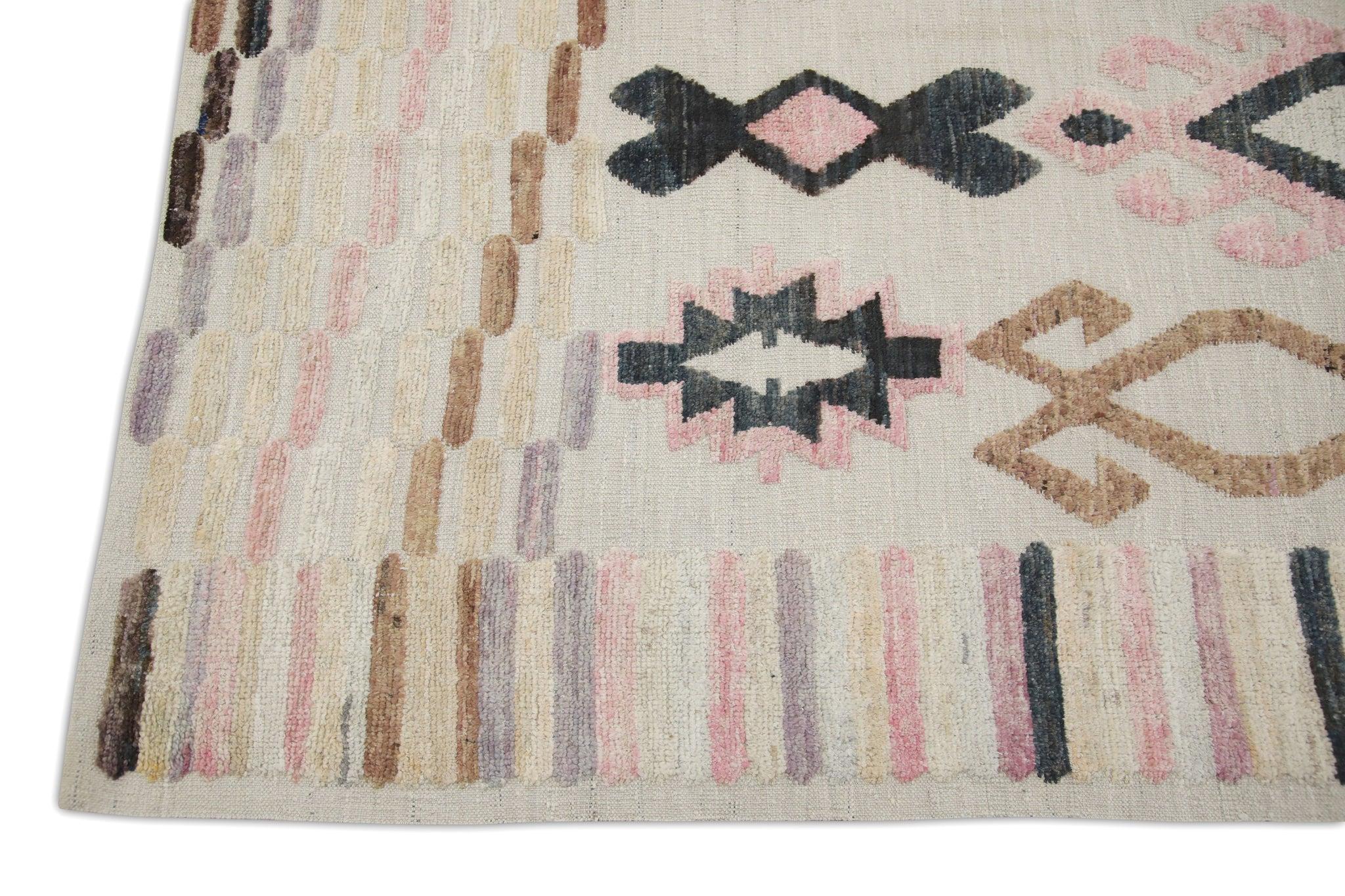 Turkish Pink, Purple, Brown Geometric Design Flatweave Handmade Wool Rug 9'11