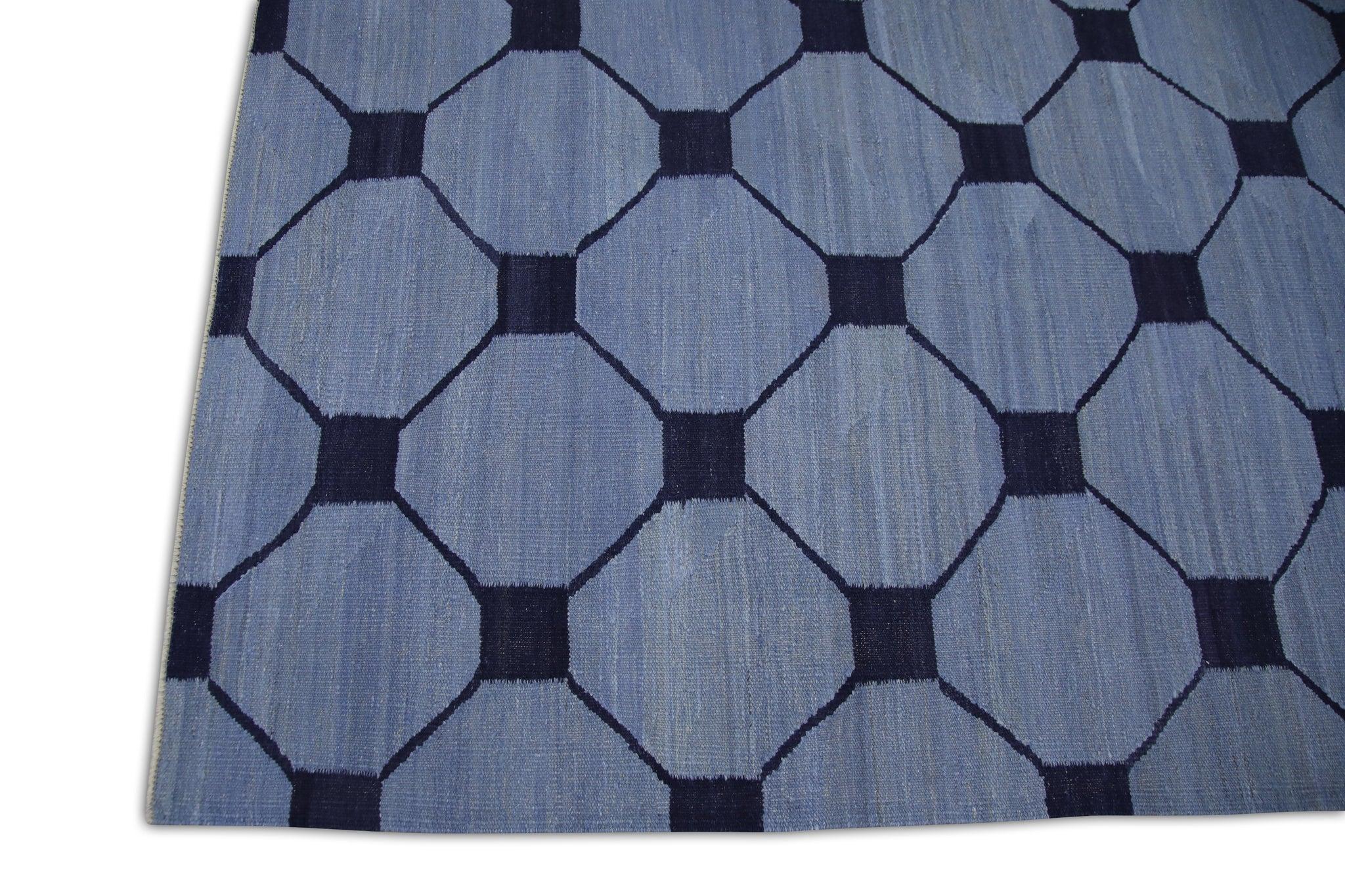 Turkish Blue & Navy Geometric Pattern Flatweave Handmade Wool Rug 8'1