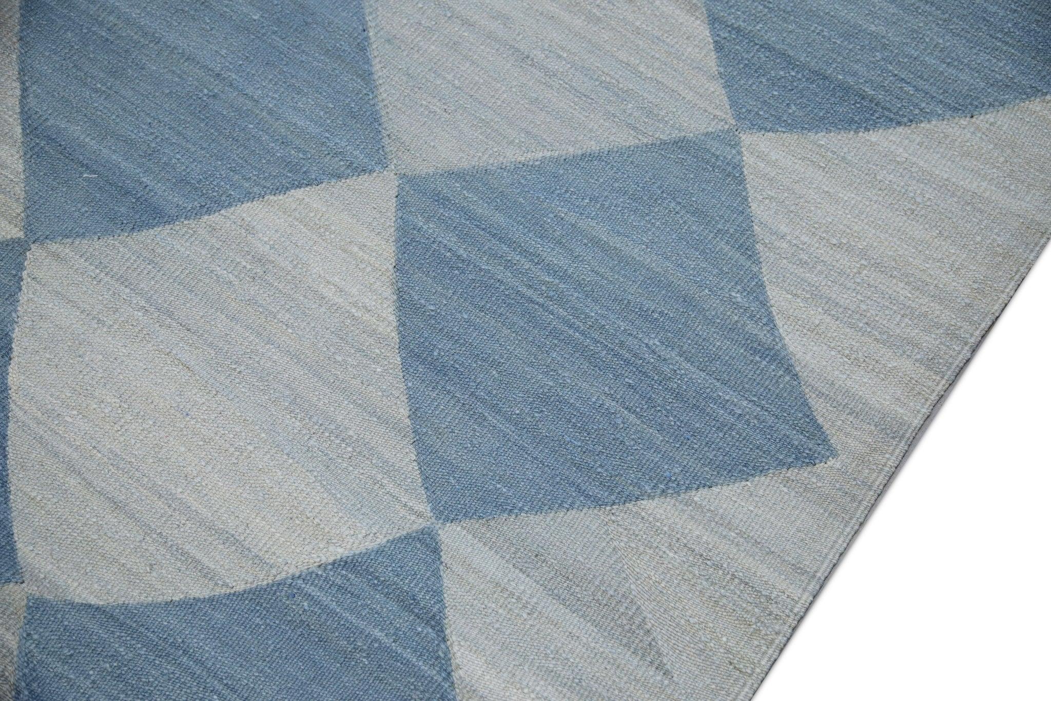 Turkish Blue Checkered Pattern Flatweave Handmade Wool Rug 9'7