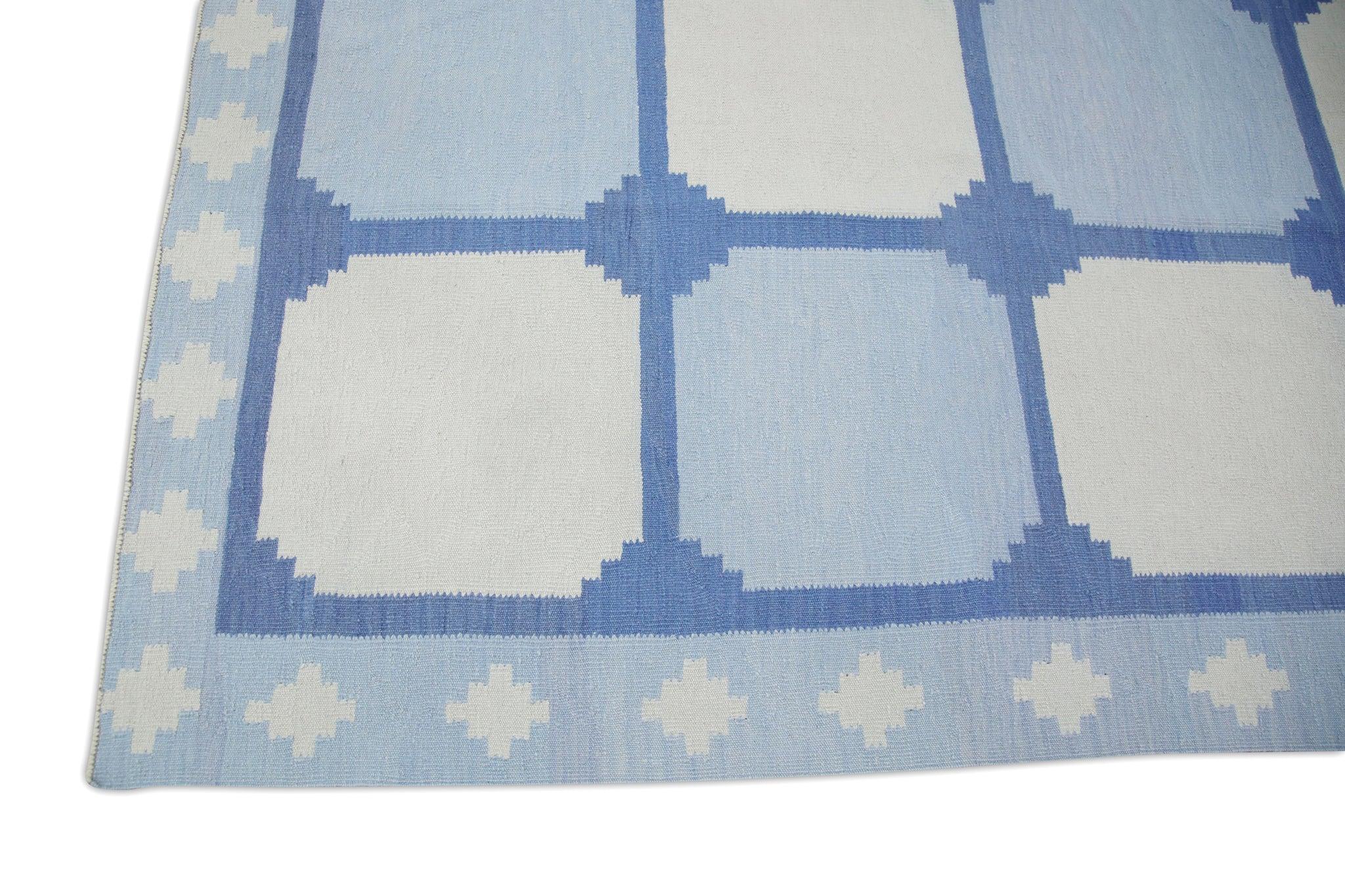 Turkish Blue Geometric Design Flatweave Handmade Wool Rug 9'5