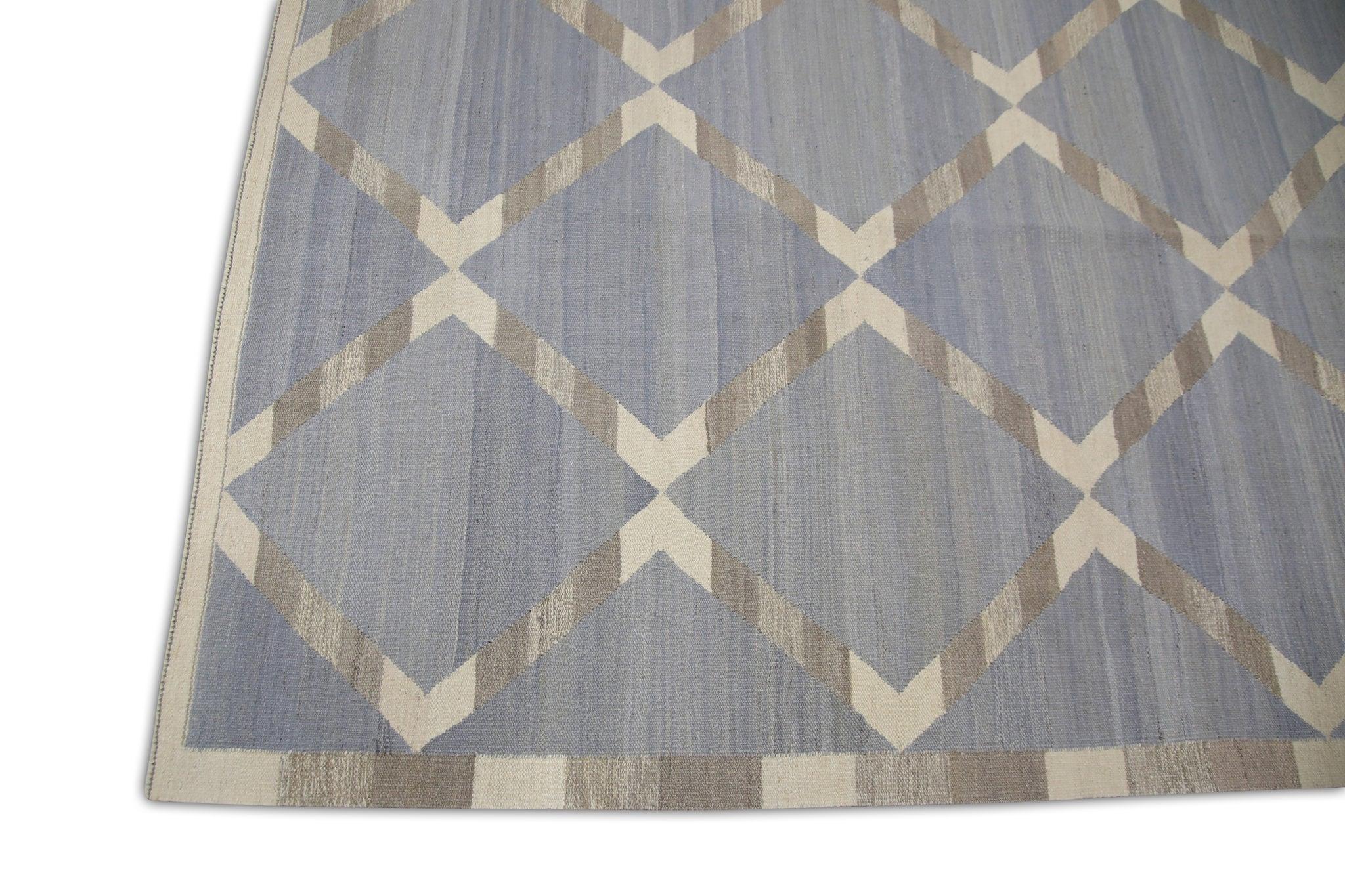 Blauer und grauer handgefertigter Flachgewebe-Wollteppich in geometrischem Design 10'4