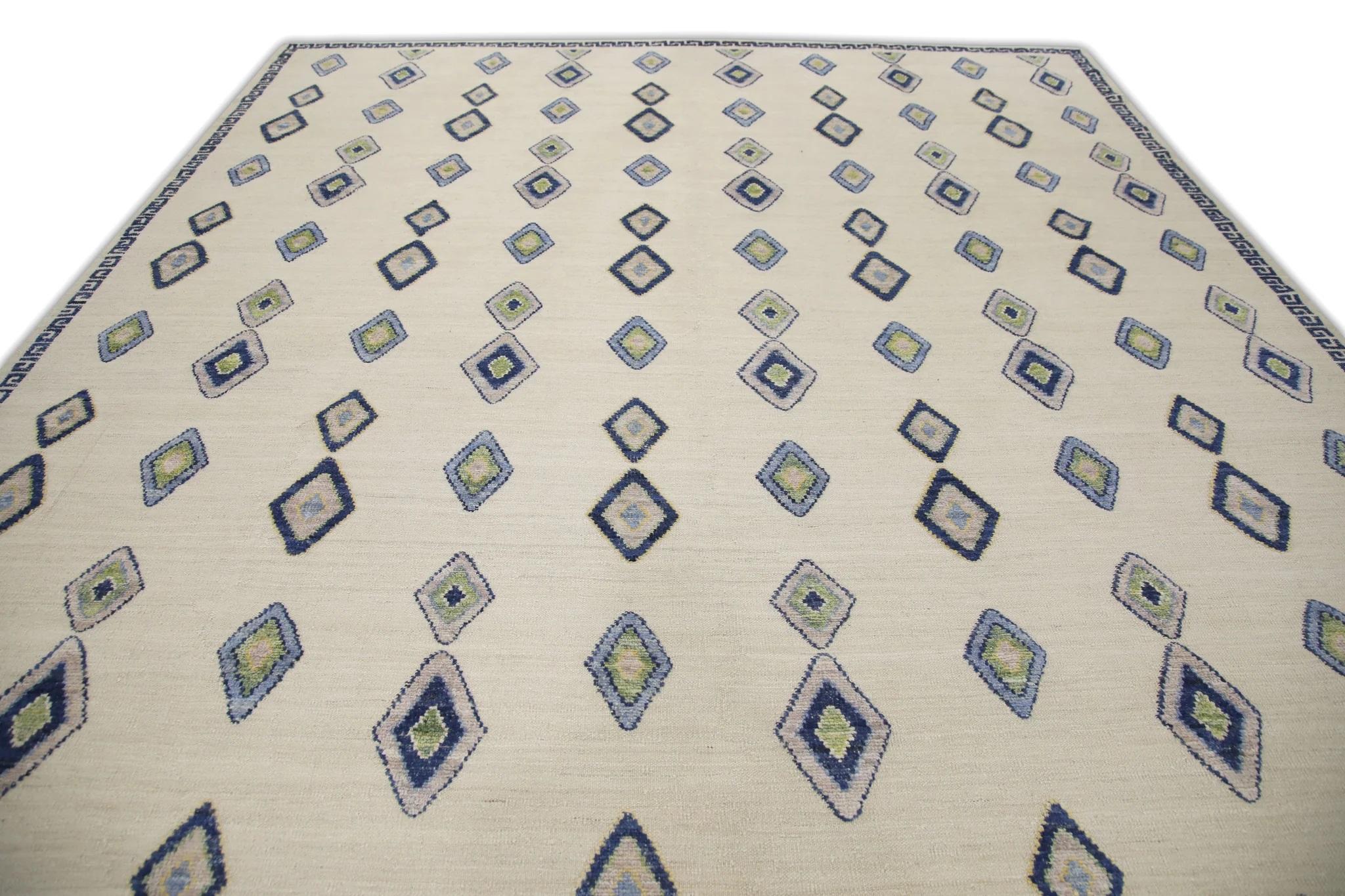 Vegetable Dyed Cream Flatweave Handmade Wool Rug in Blue Geometric Diamond Pattern 10'8