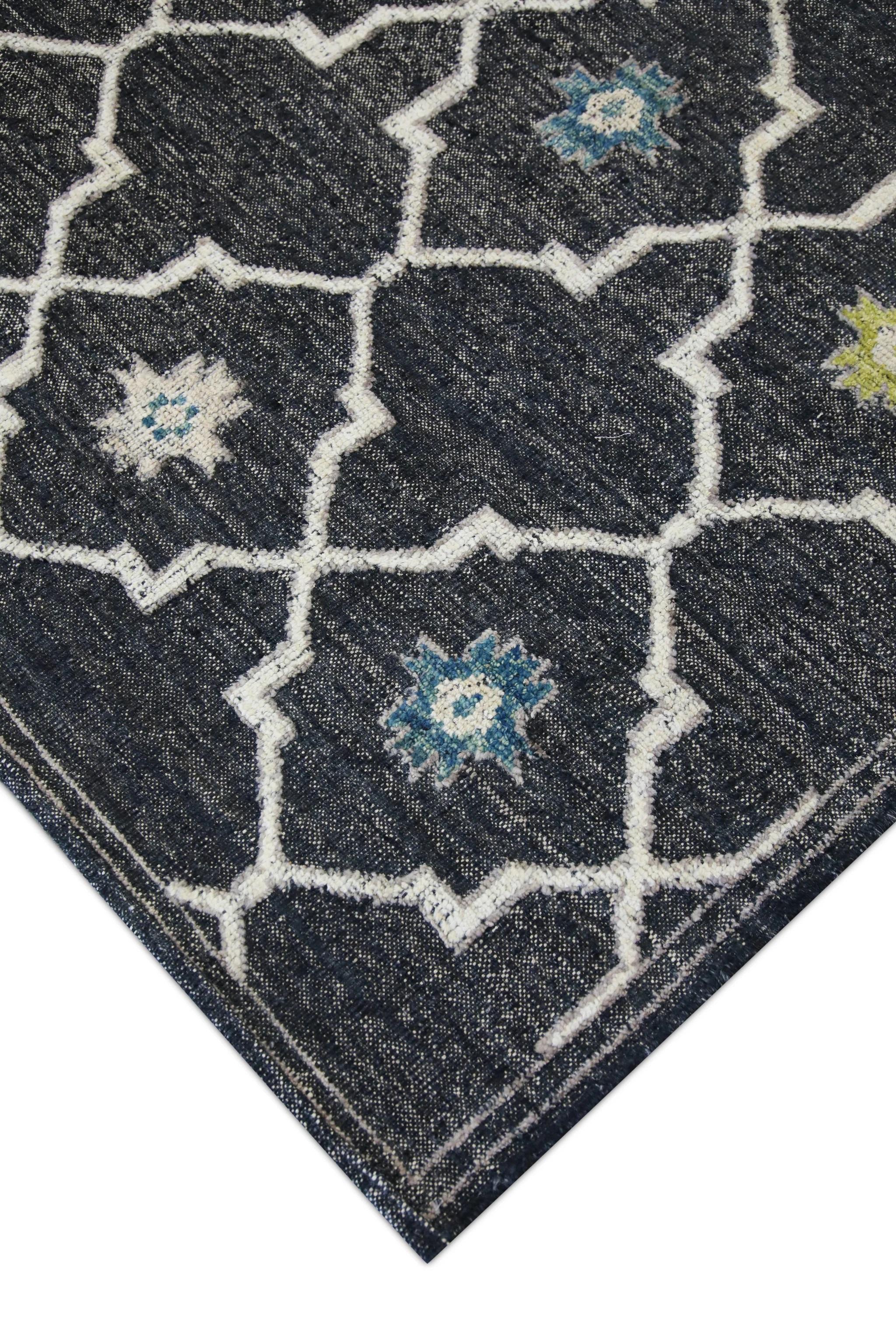 Vegetable Dyed Charcoal Flatweave Handmade Wool Rug in Blue & Green Geometric Design 10' X 12'4 For Sale