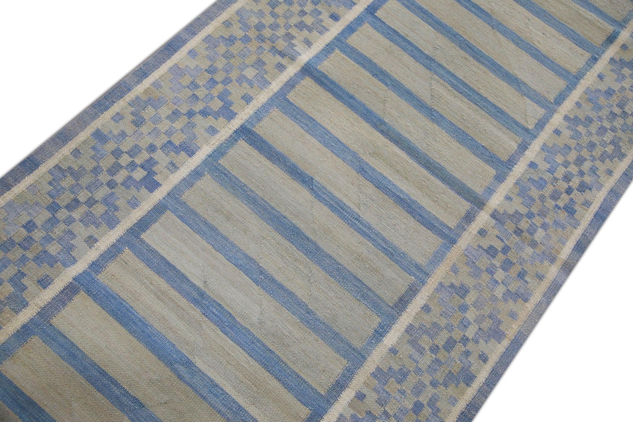 Modern Flatweave Handmade Wool Runner in Blue Geometric Design 3'1