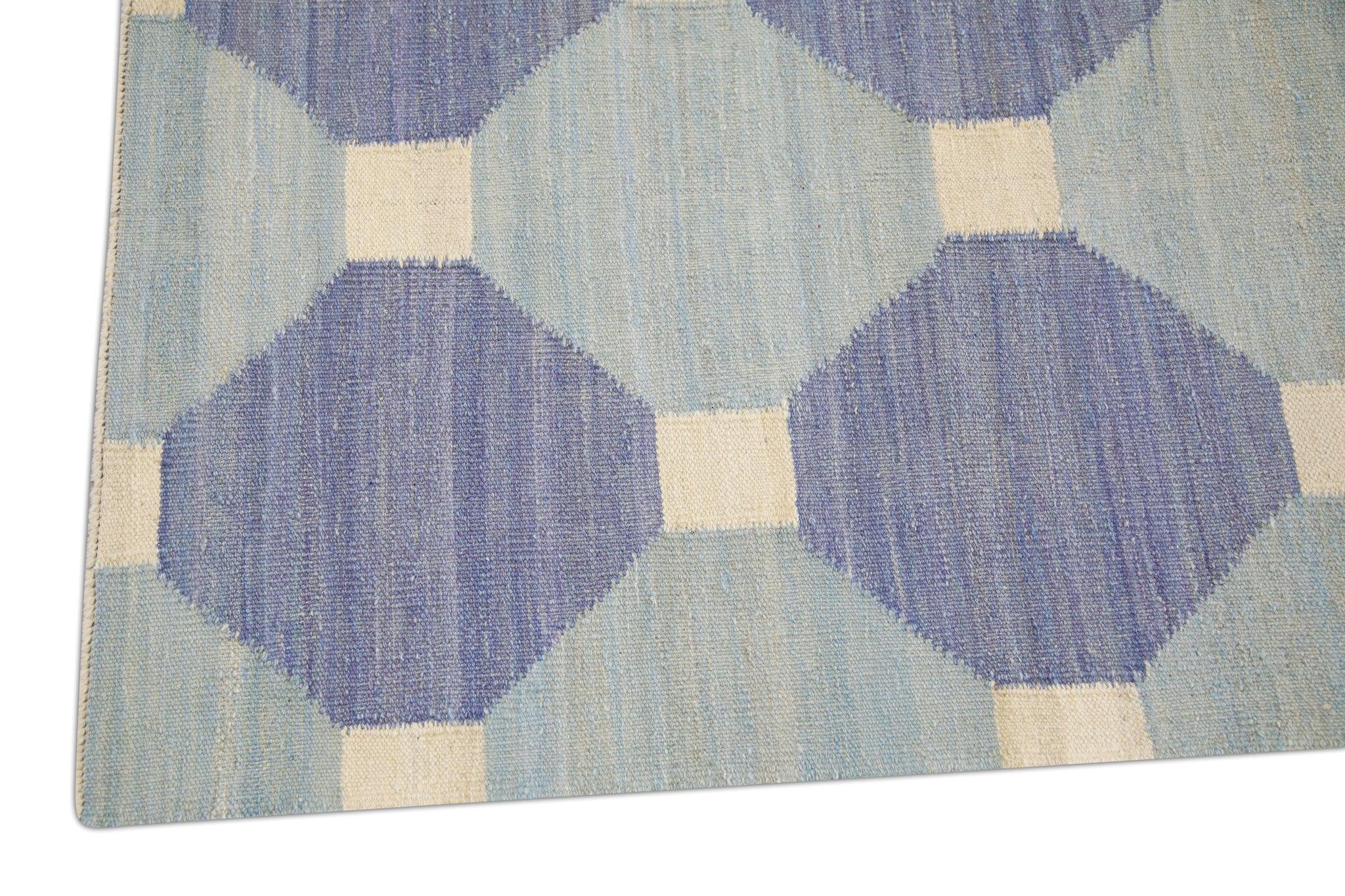 Blauer handgefertigter Flachgewebe-Woll-Läufer in geometrischem Design 3'1