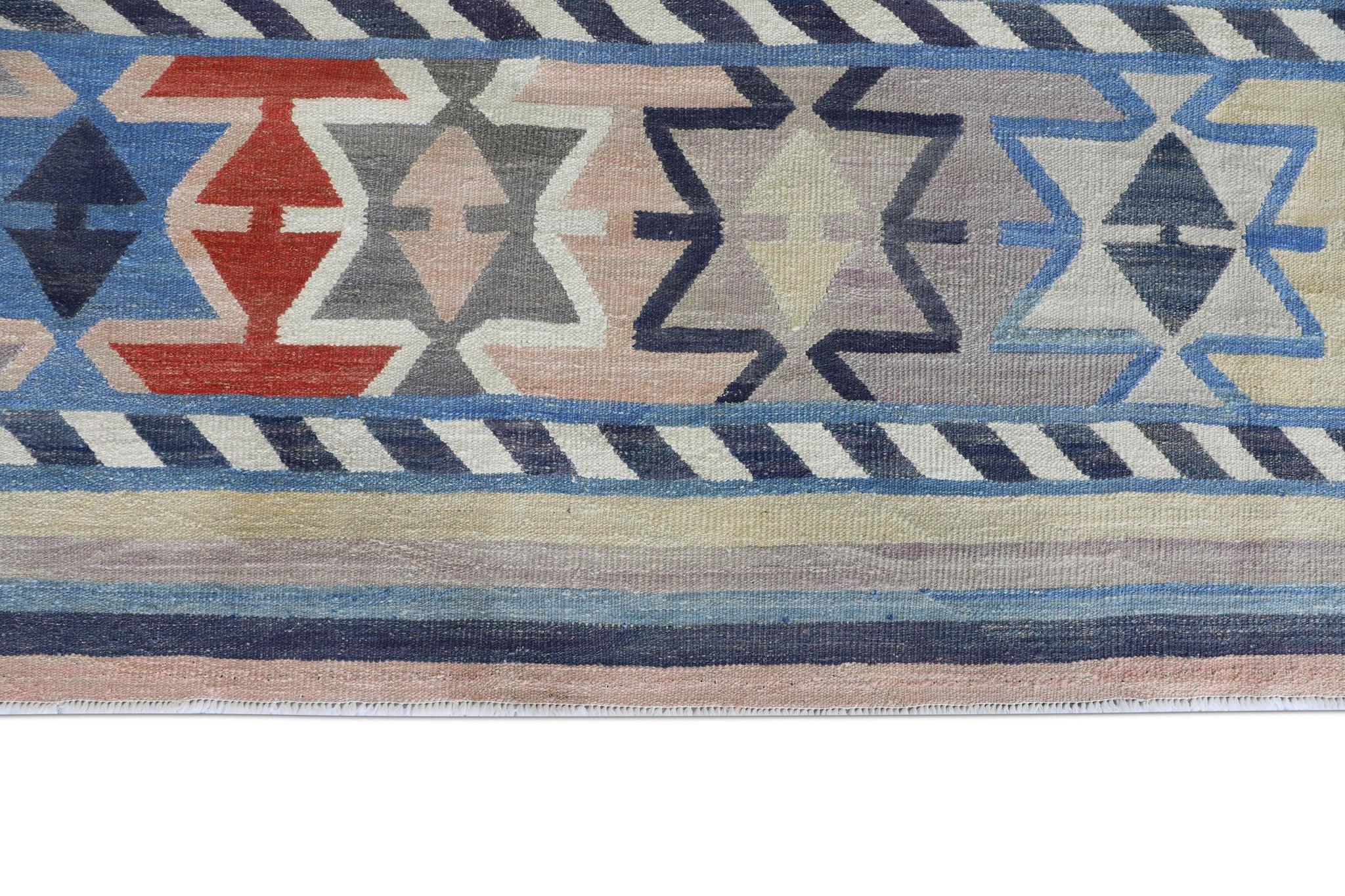 Flachgewebter handgefertigter Wollteppich in Rot & Blau mit geometrischem Muster 9'7