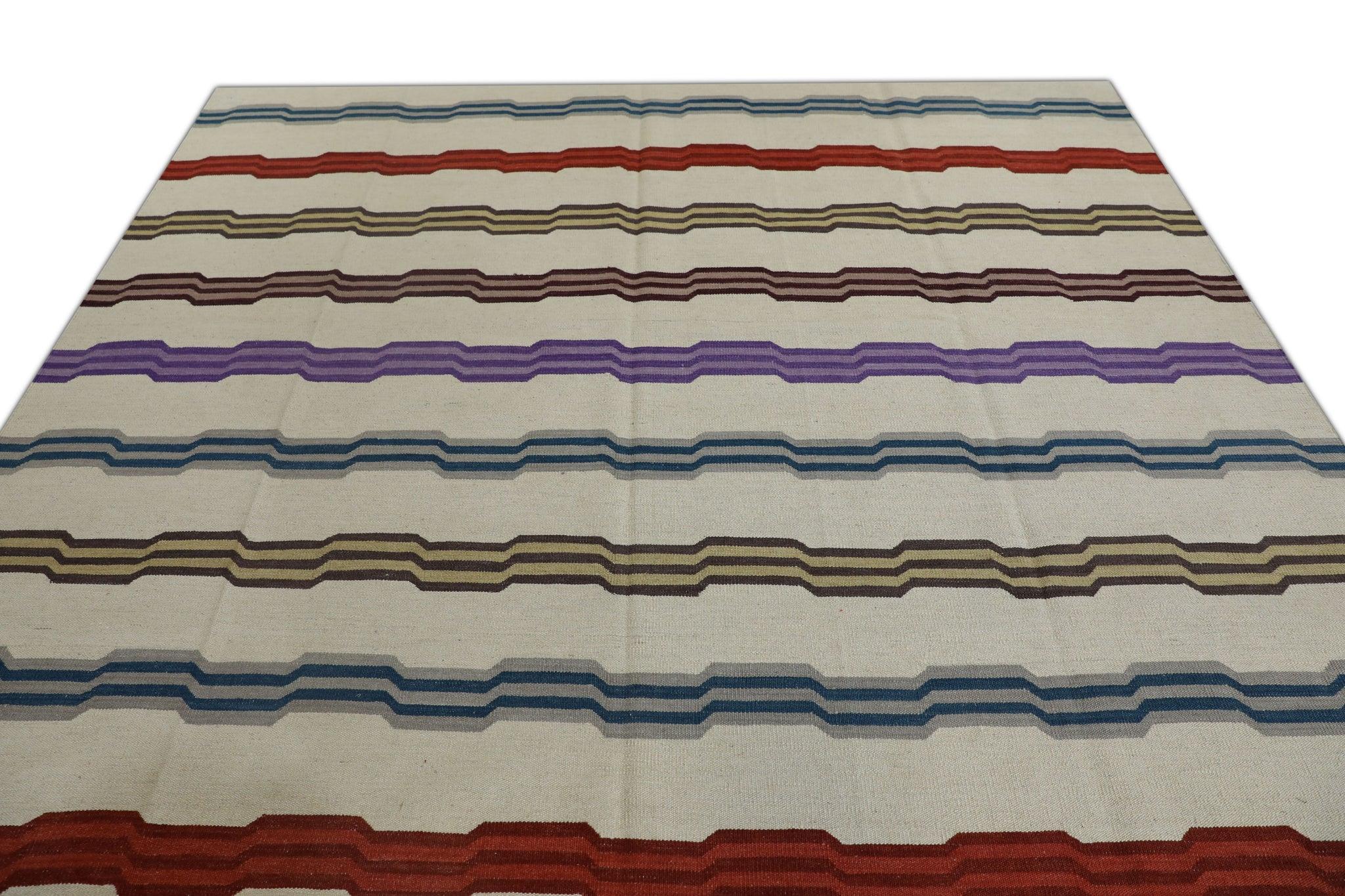 Vegetable Dyed Multicolor Geometric Stripe Pattern Flatweave Handmade Wool Rug 8'6