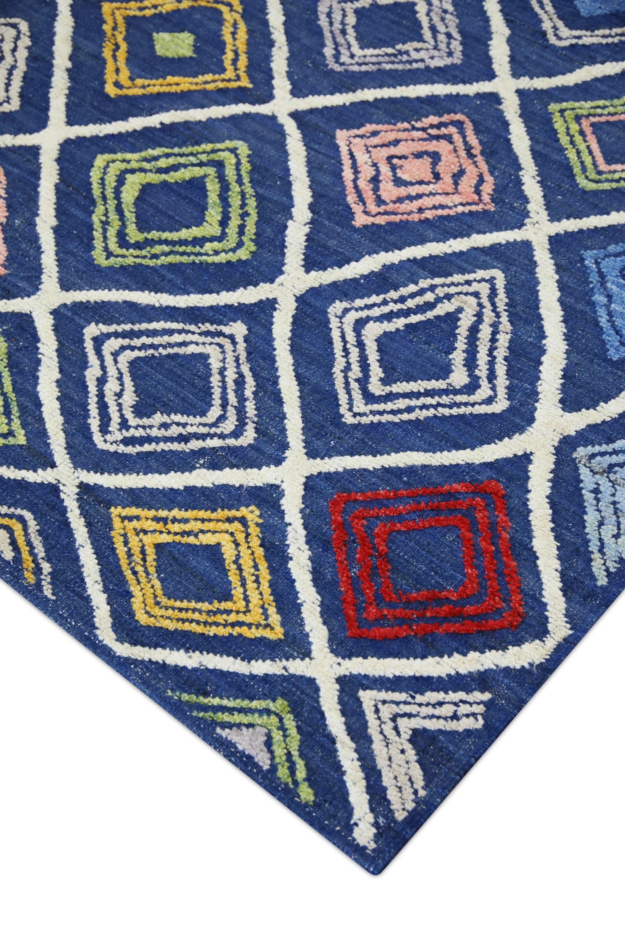 Vegetable Dyed Blue Multicolor Geometric Design Flatweave Handmade Wool Rug 8'11