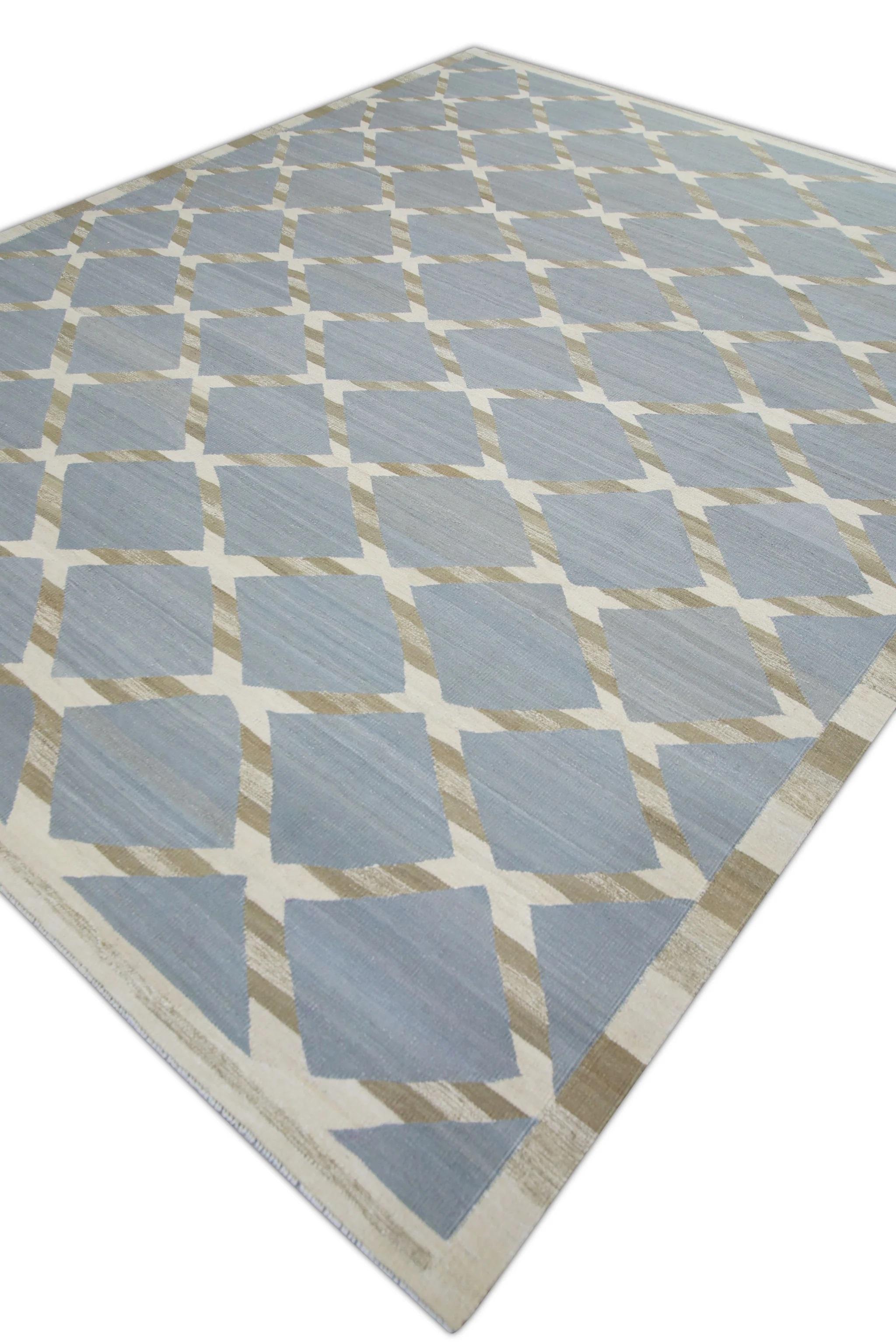 Vegetable Dyed Blue & Brown Geometric Pattern Flatweave Handmade Wool Rug 9'5