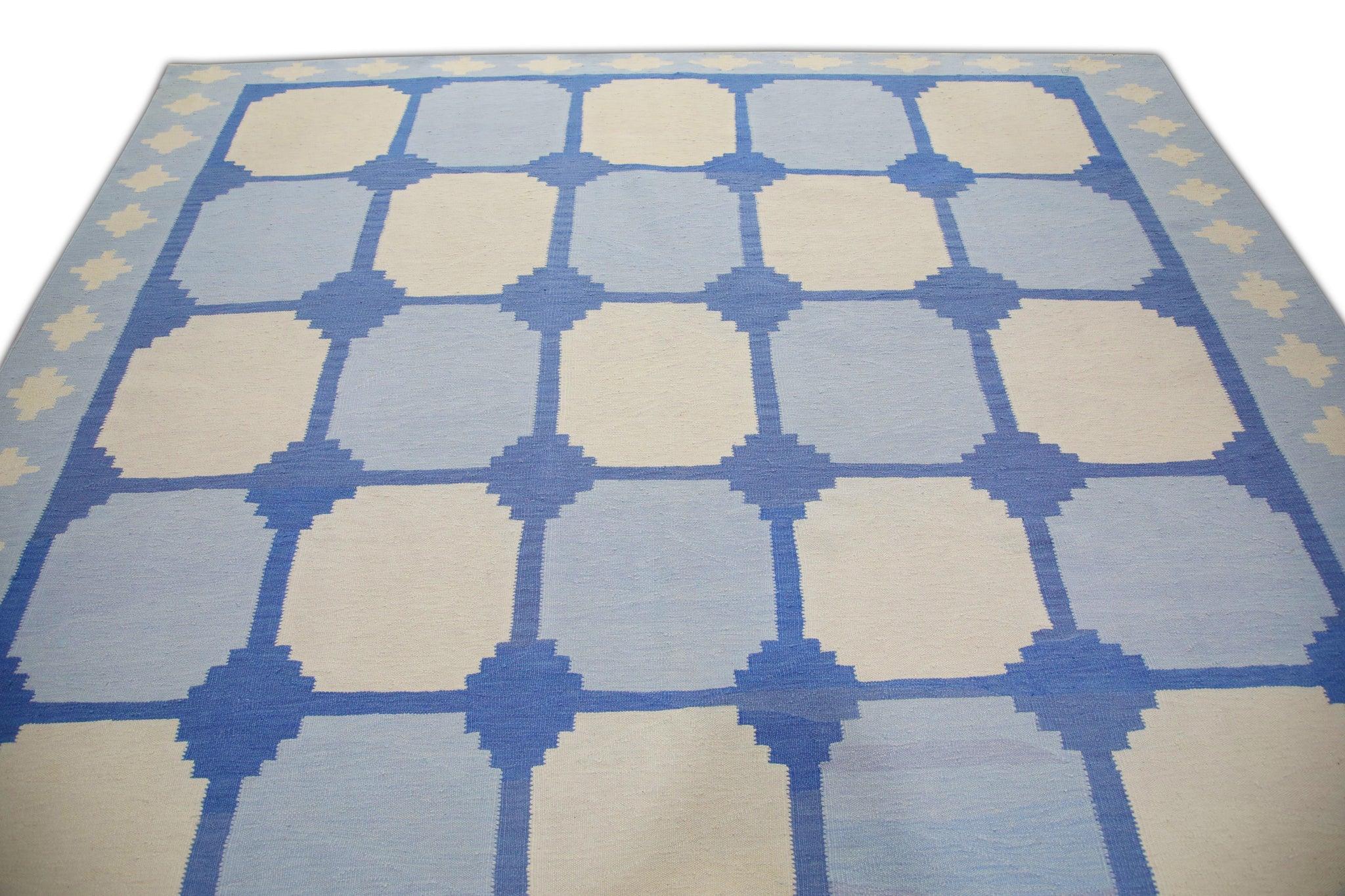 Vegetable Dyed Blue Geometric Design Flatweave Handmade Wool Rug 9' x 12'1
