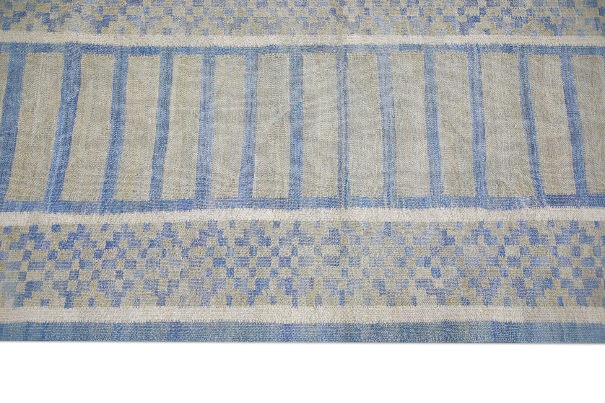 Vegetable Dyed Gray and Blue Geometric Pattern Flatweave Handmade Wool Rug 2'11