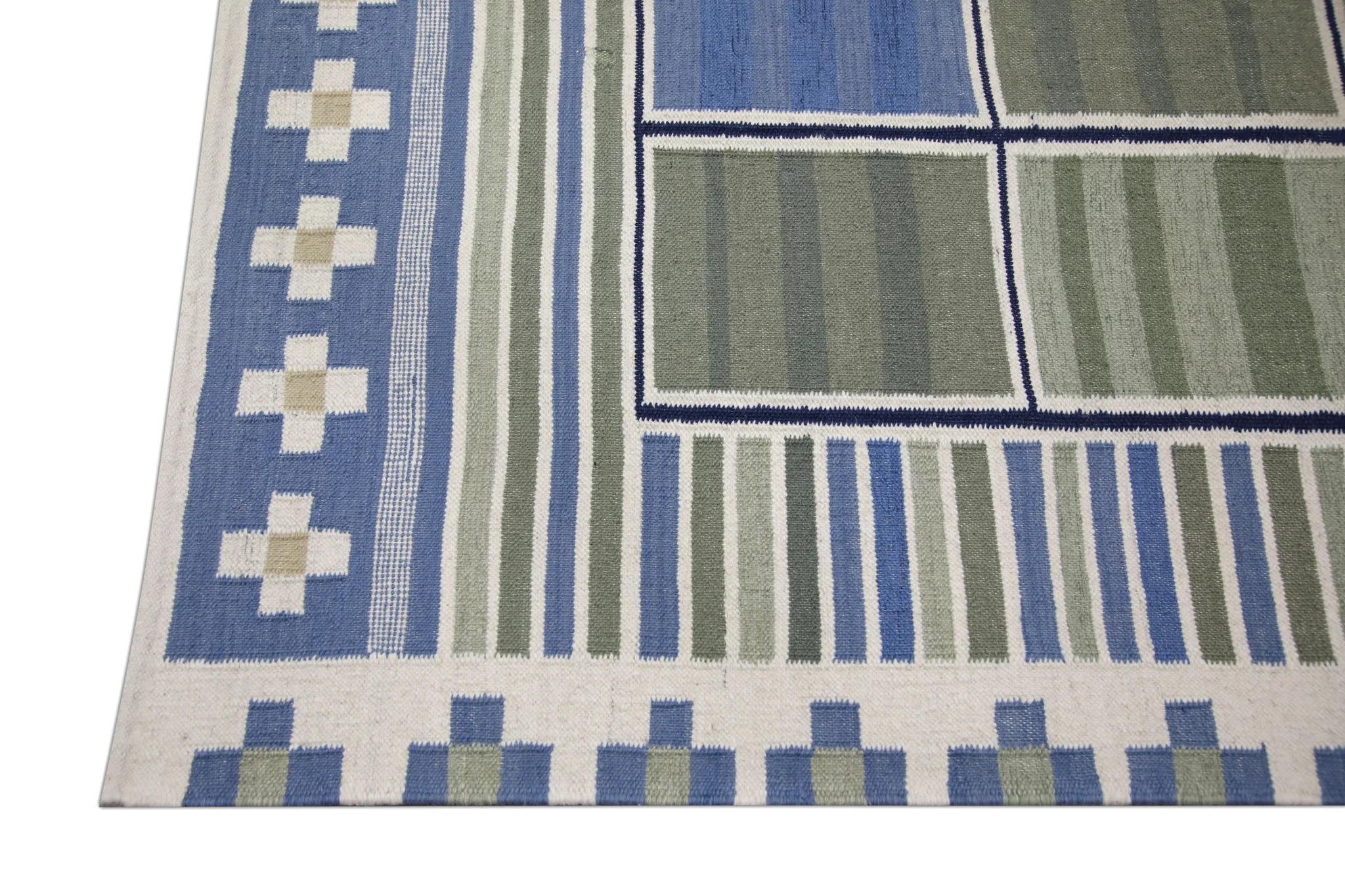 Vegetable Dyed Green and Blue Geometric Design Flatweave Handmade Wool Rug 9'1