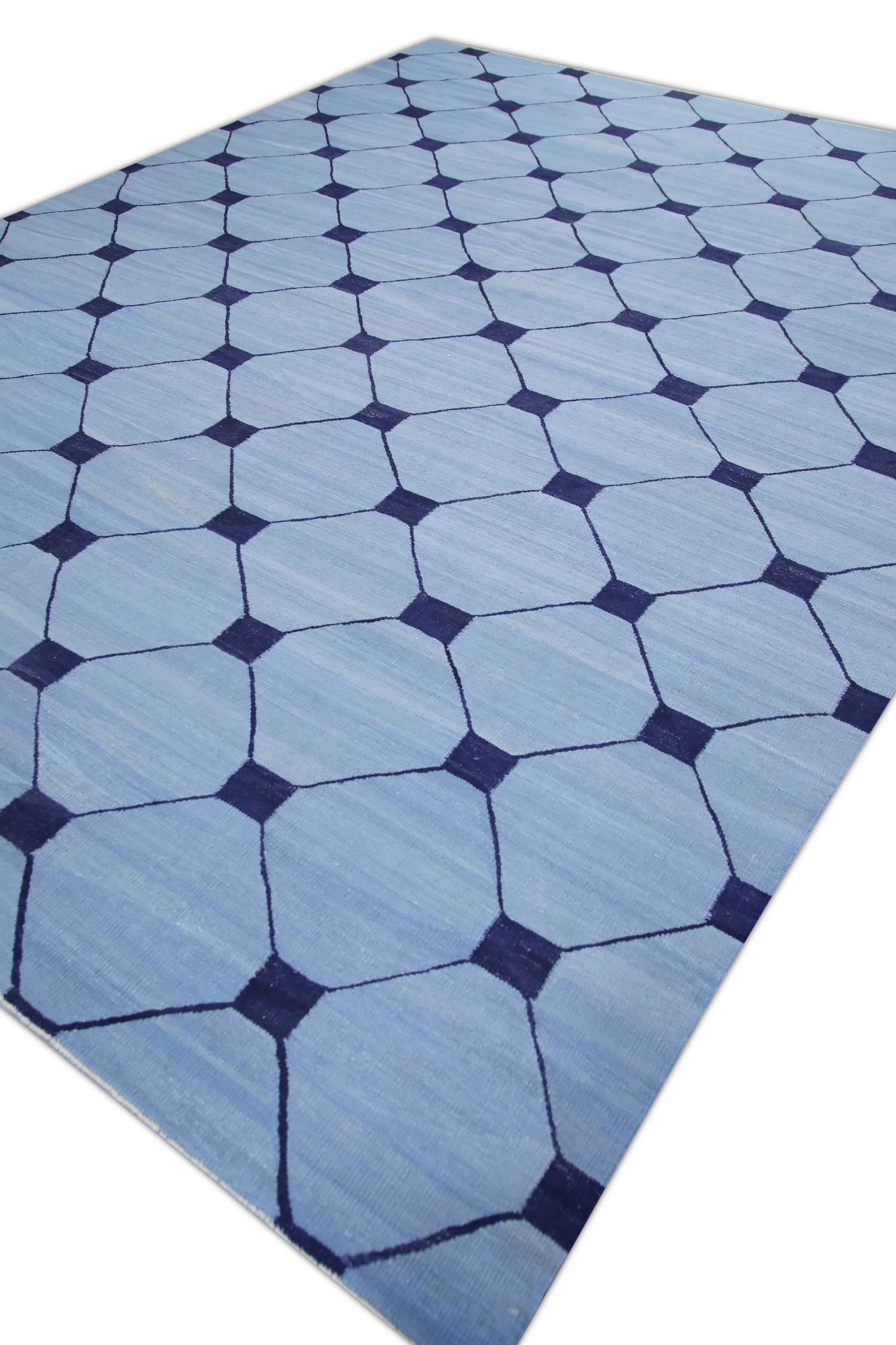 Vegetable Dyed Blue & Navy Geometric Design Flatweave Handmade Wool Rug 10'4