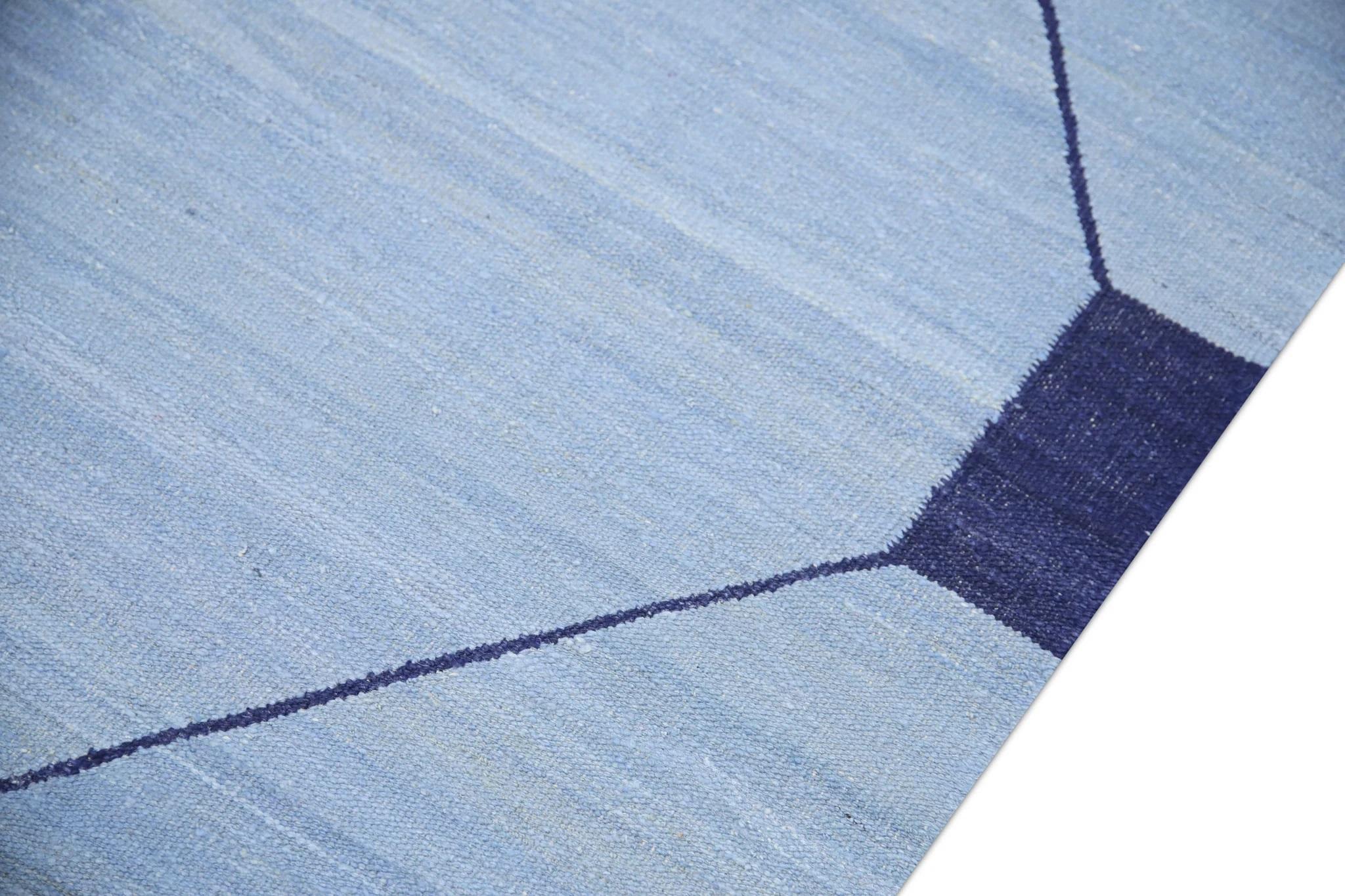 Vegetable Dyed Blue & Navy Geometric Design Flatweave Handmade Wool Rug 10' X 14'7