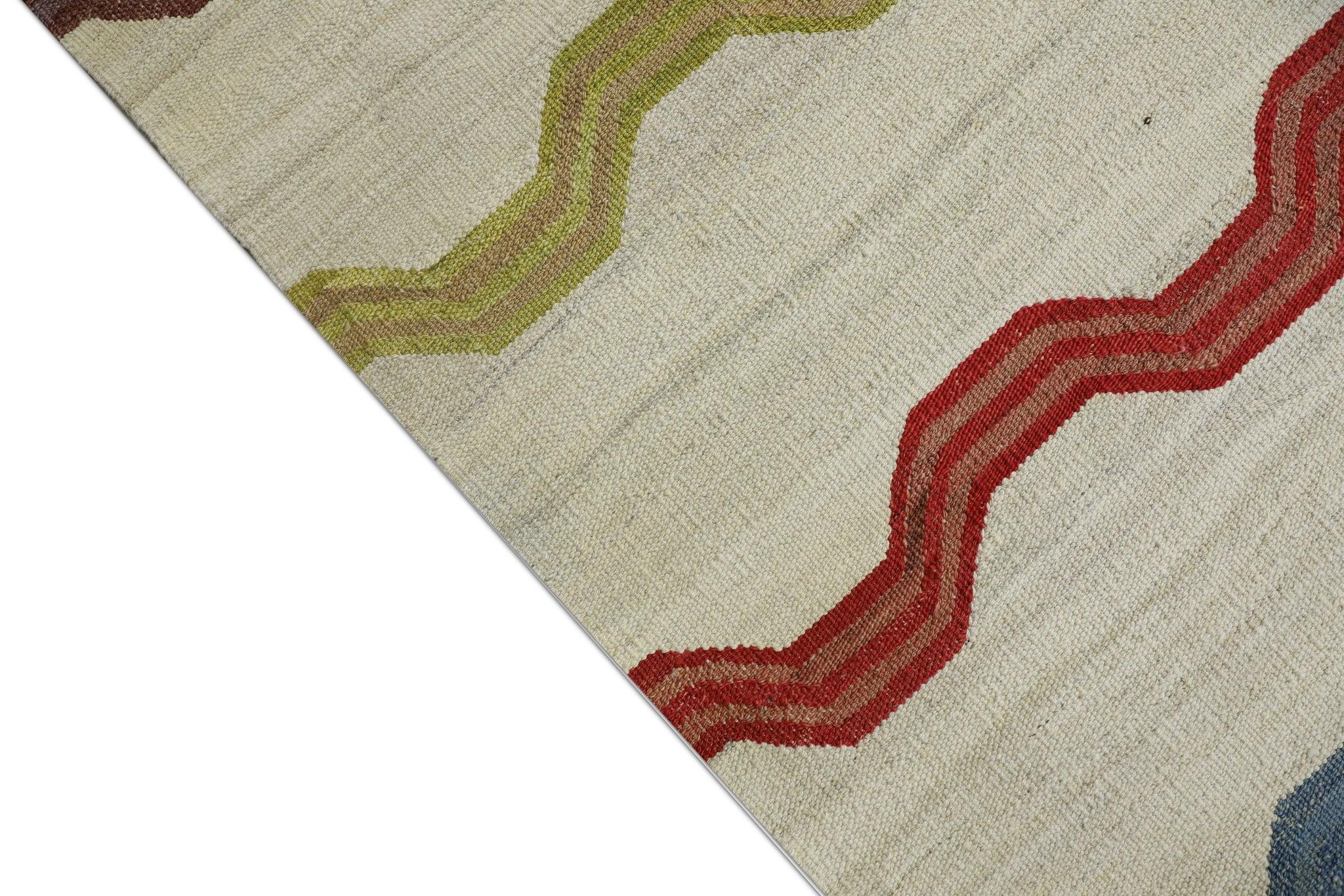 Teinture végétale Tapis en laine tissé à la main à motifs géométriques et à rayures multicolores 11'10