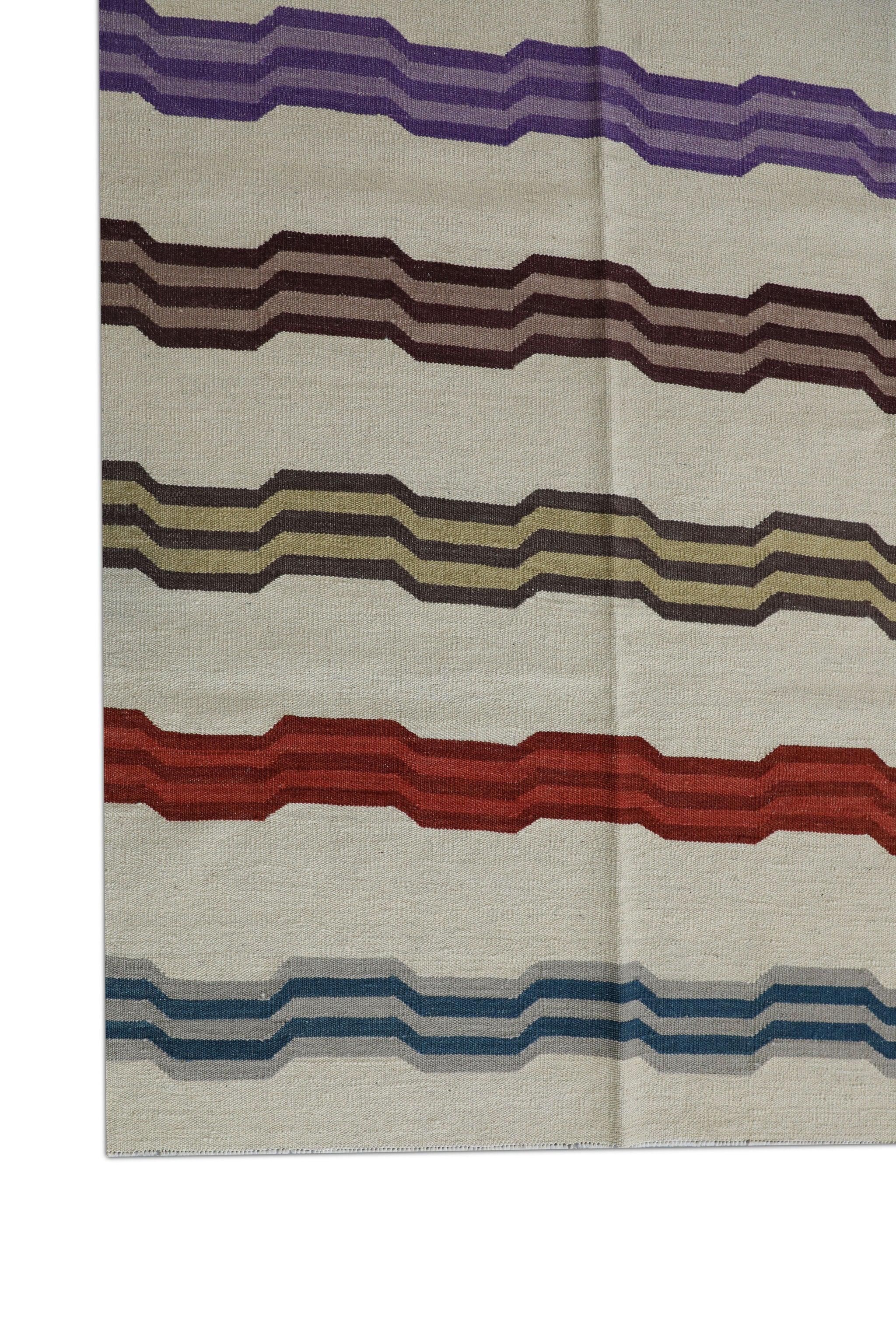 Tintura vegetale Tappeto in lana fatto a mano multicolore con design a strisce geometriche a tessitura piatta 9'1