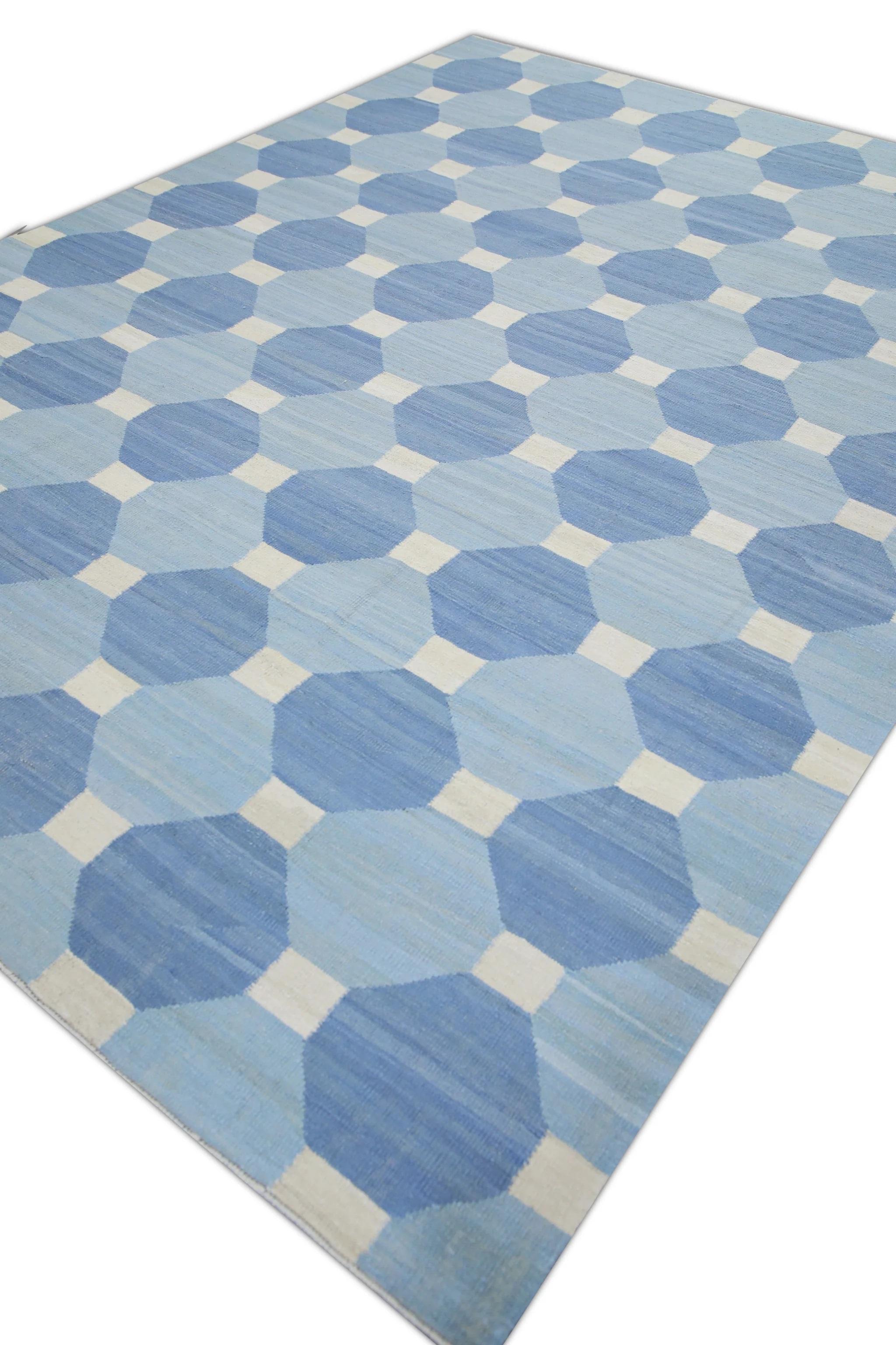 Vegetable Dyed Blue Geometric Design Flatweave Handmade Wool Rug 8'9