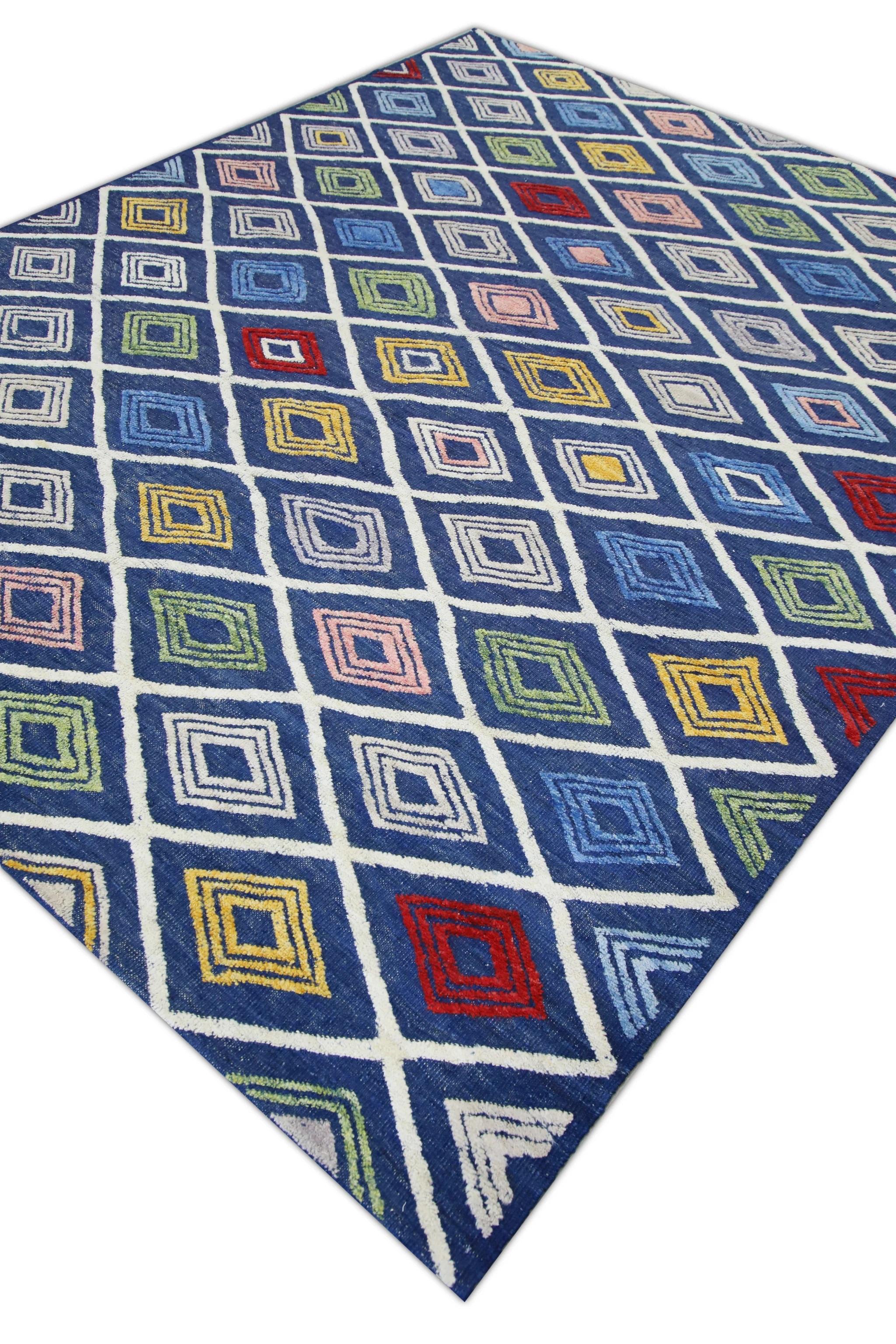 Vegetable Dyed Blue Multicolor Geometric Design Flatweave Handmade Wool Rug 8'5