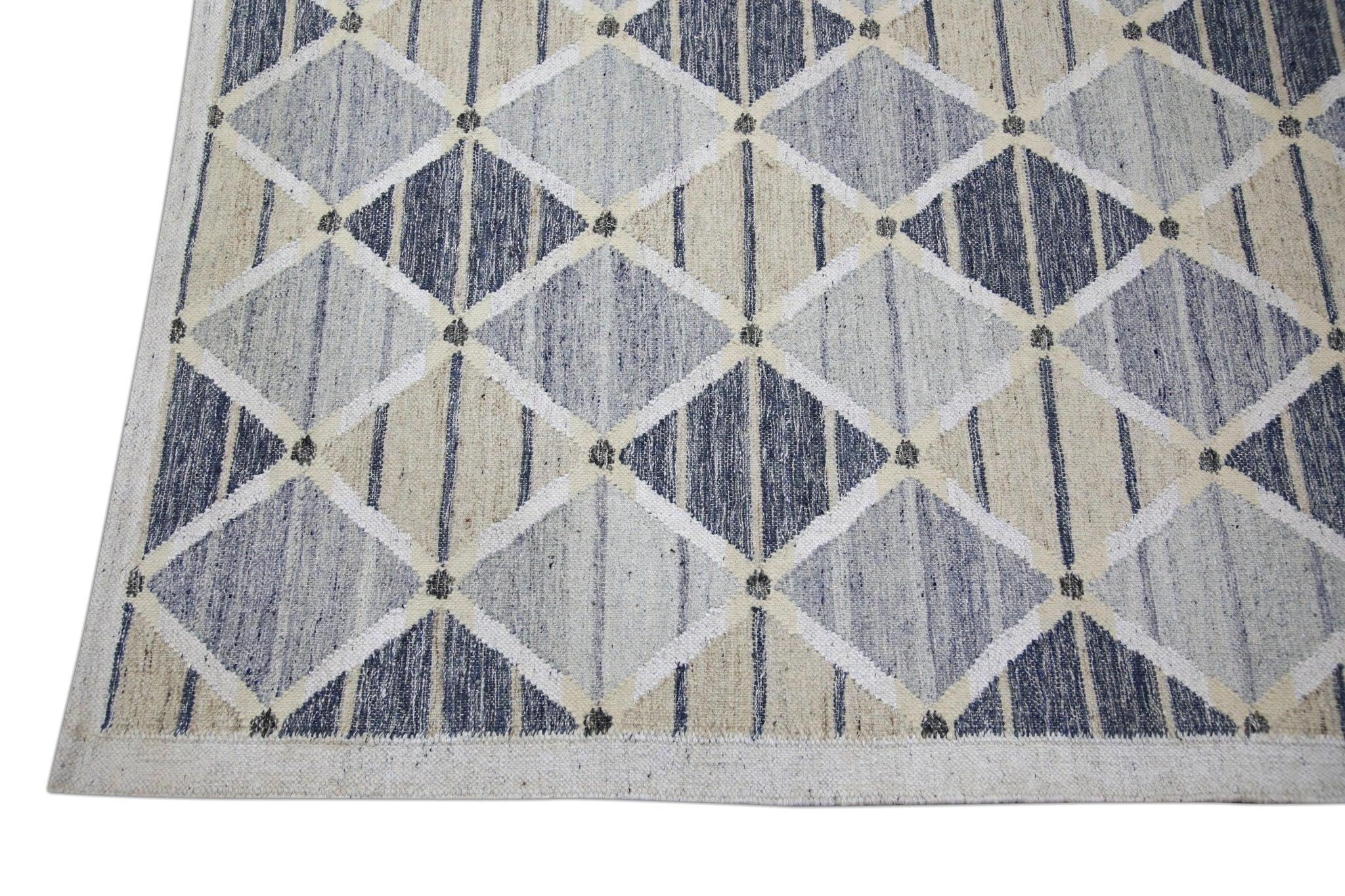 Vegetable Dyed Blue Geometric Pattern Flatweave Handmade Wool Rug 9' X 12'2