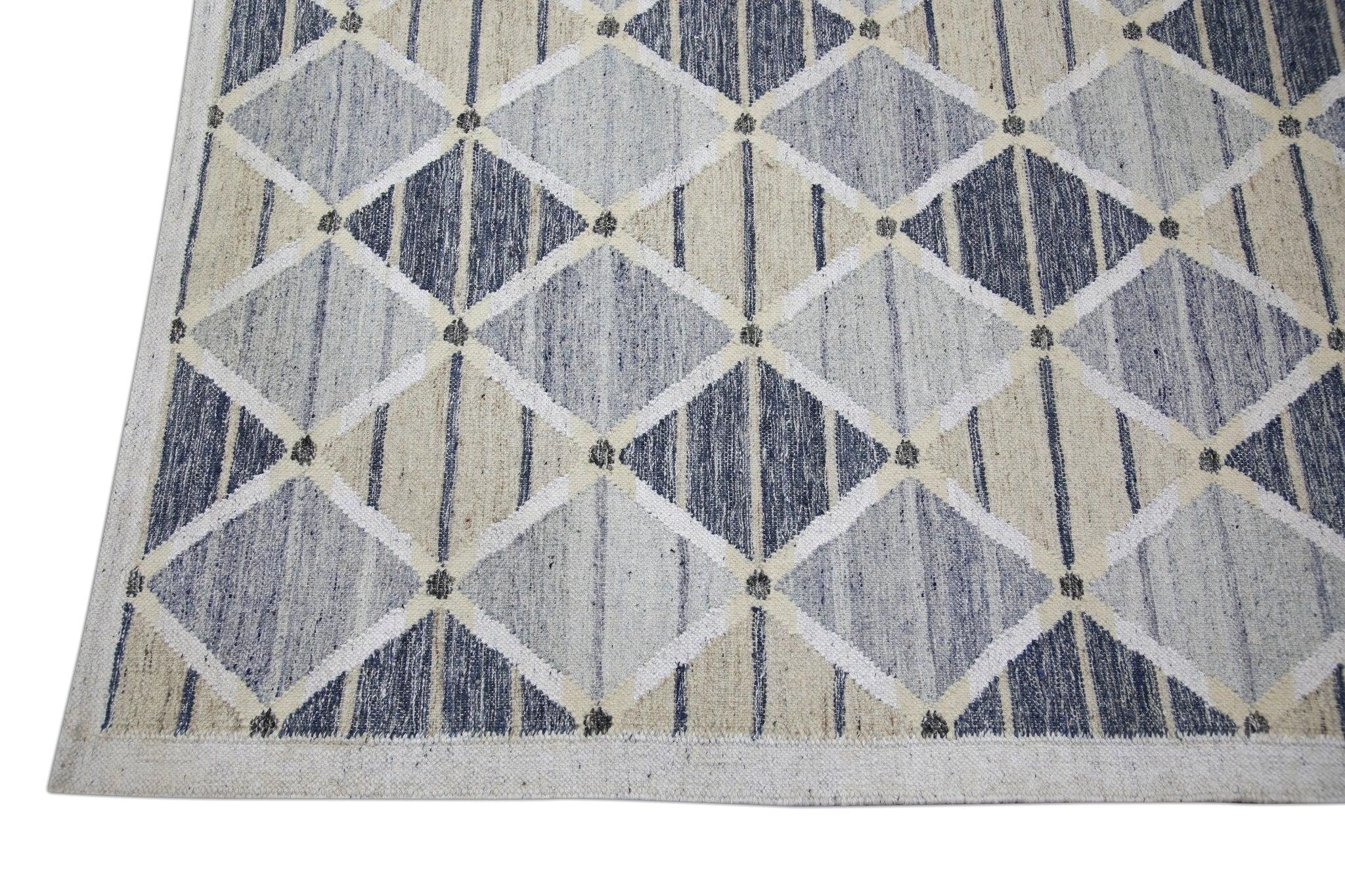 Tintura vegetale Tappeto in lana fatto a mano con motivo geometrico blu a trama piatta 9' X 12'2