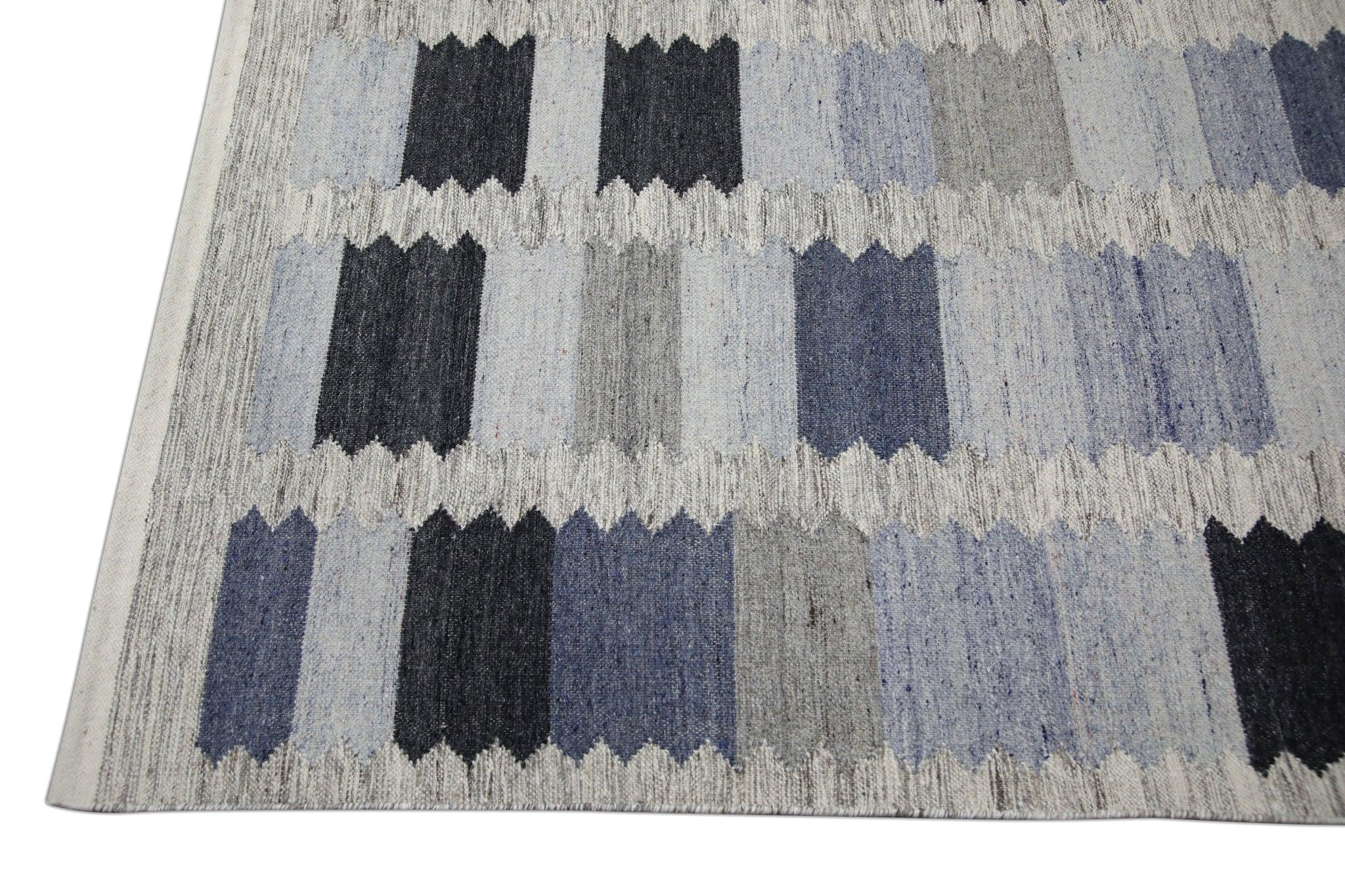 Vegetable Dyed Blue & Gray Geometric Design Flatweave Handmade Wool Rug 9' X 12'3