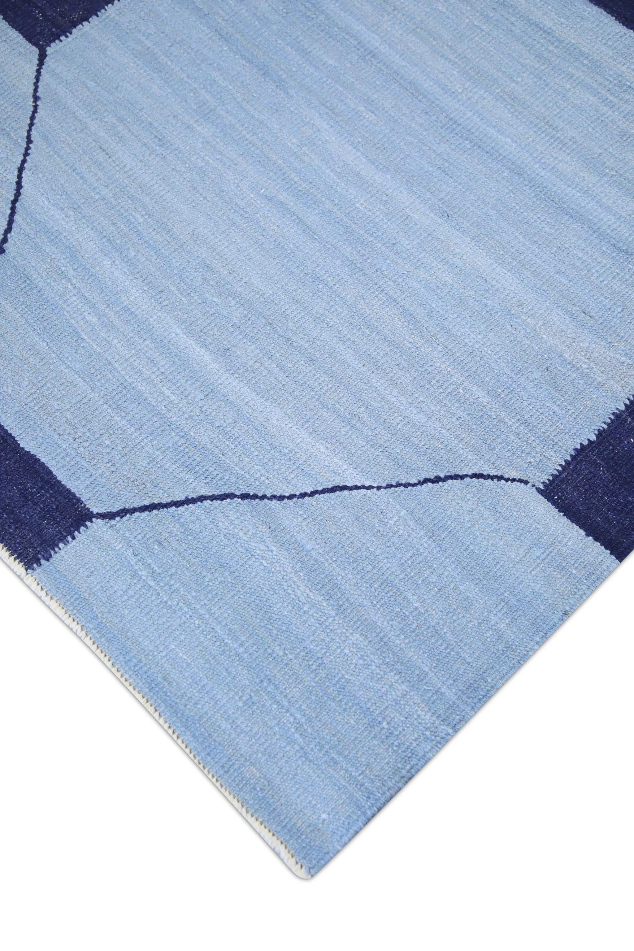 Vegetable Dyed Blue & Navy Geometric Design Flatweave Handmade Wool Rug 10'5