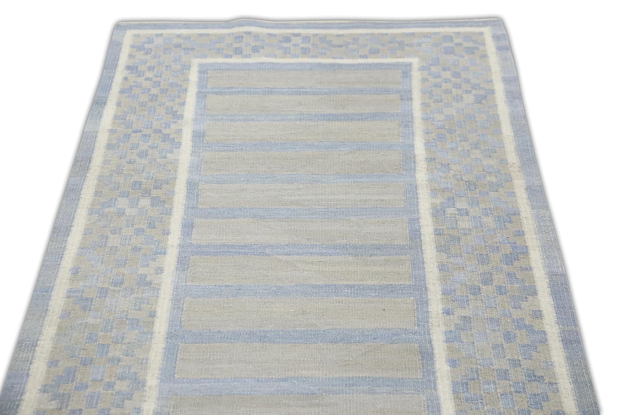 Handgefertigter Flachgewebe-Wollteppich in Grau & Blau mit geometrischem Design 3' X 12'4