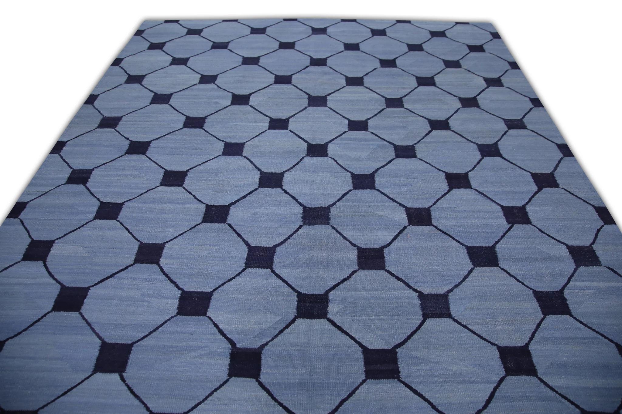 Vegetable Dyed Blue & Navy Geometric Pattern Flatweave Handmade Wool Rug 8'1