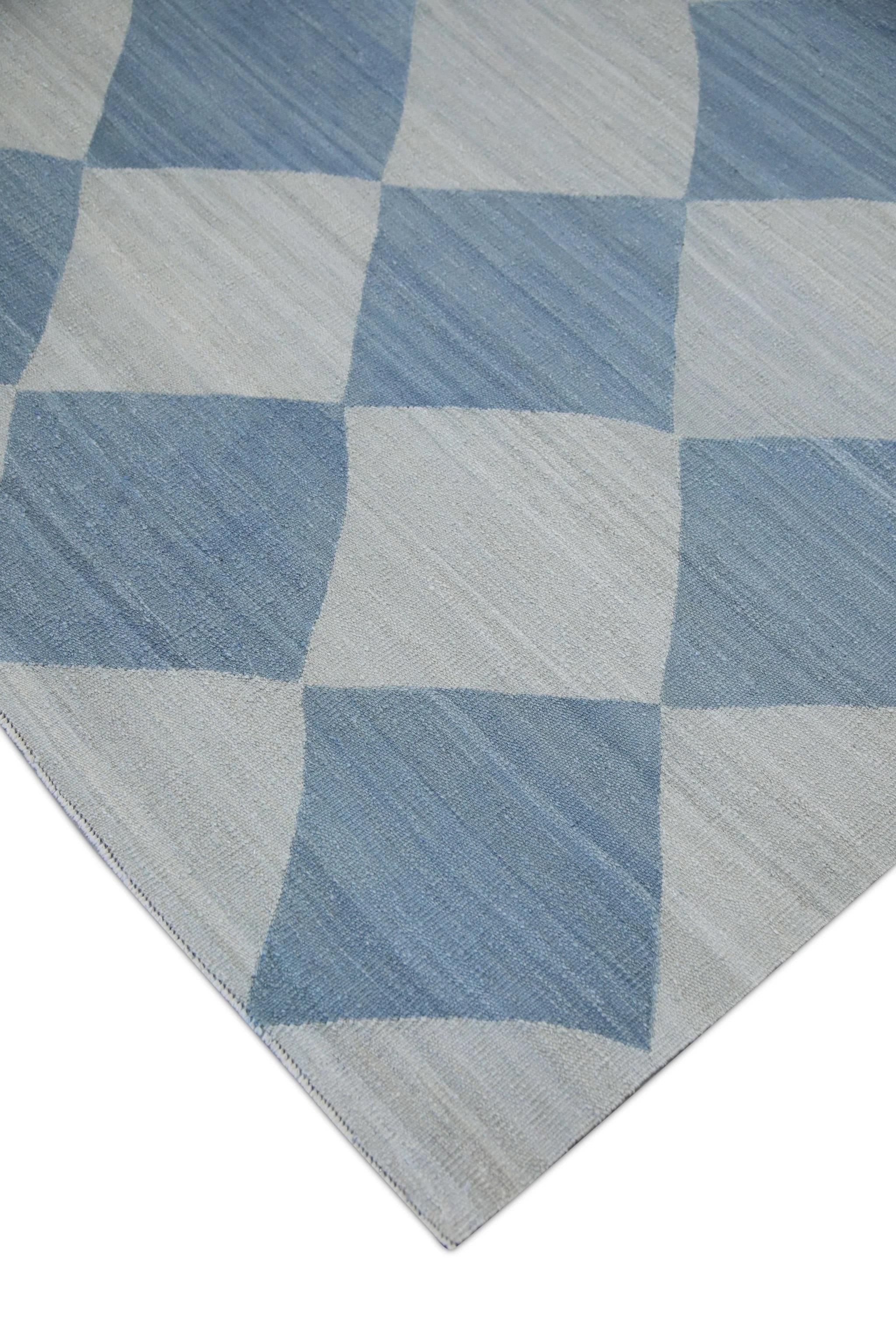 Vegetable Dyed Blue Checkered Pattern Flatweave Handmade Wool Rug 9'7