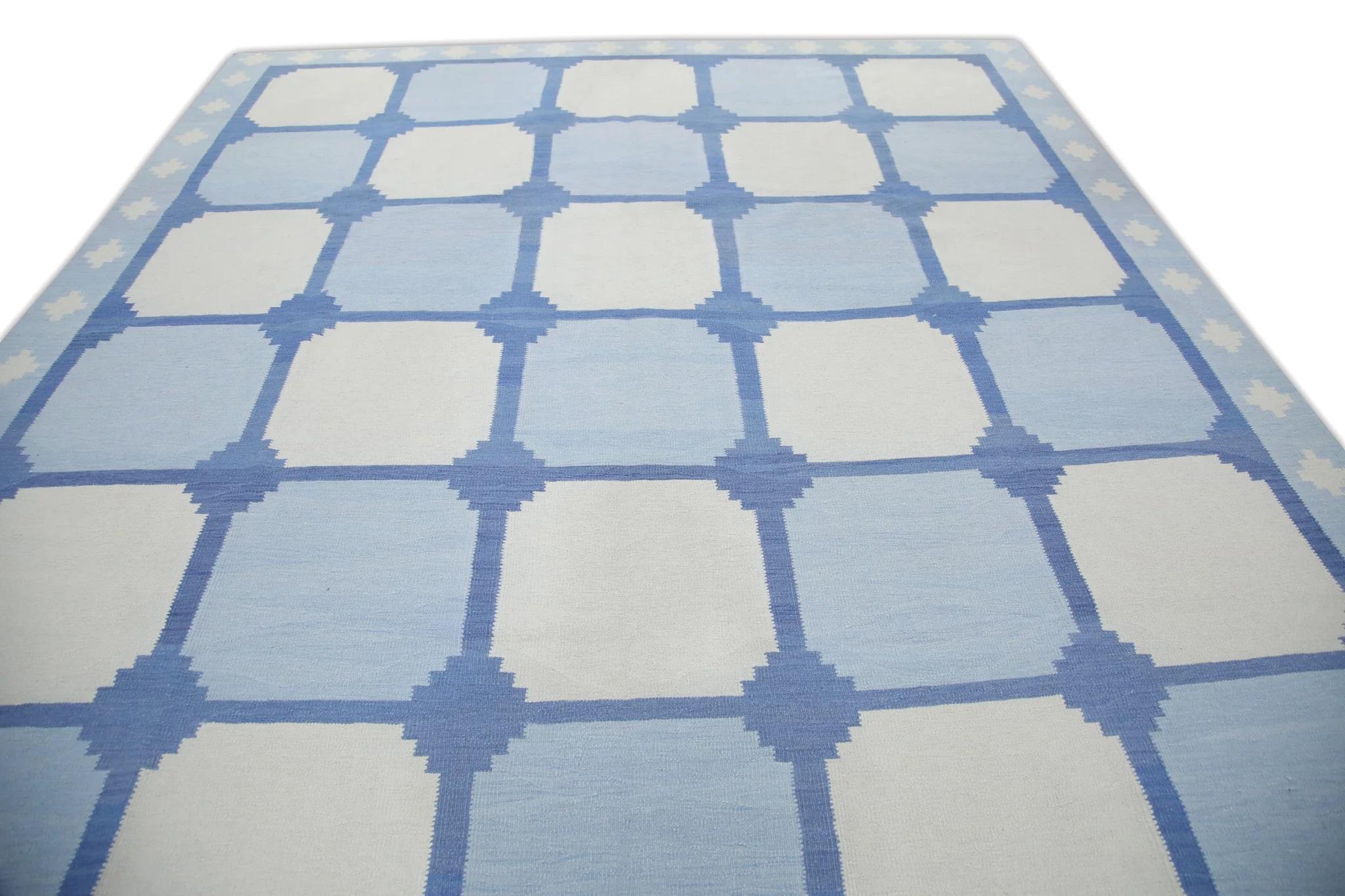Vegetable Dyed Blue Geometric Design Flatweave Handmade Wool Rug 9'5