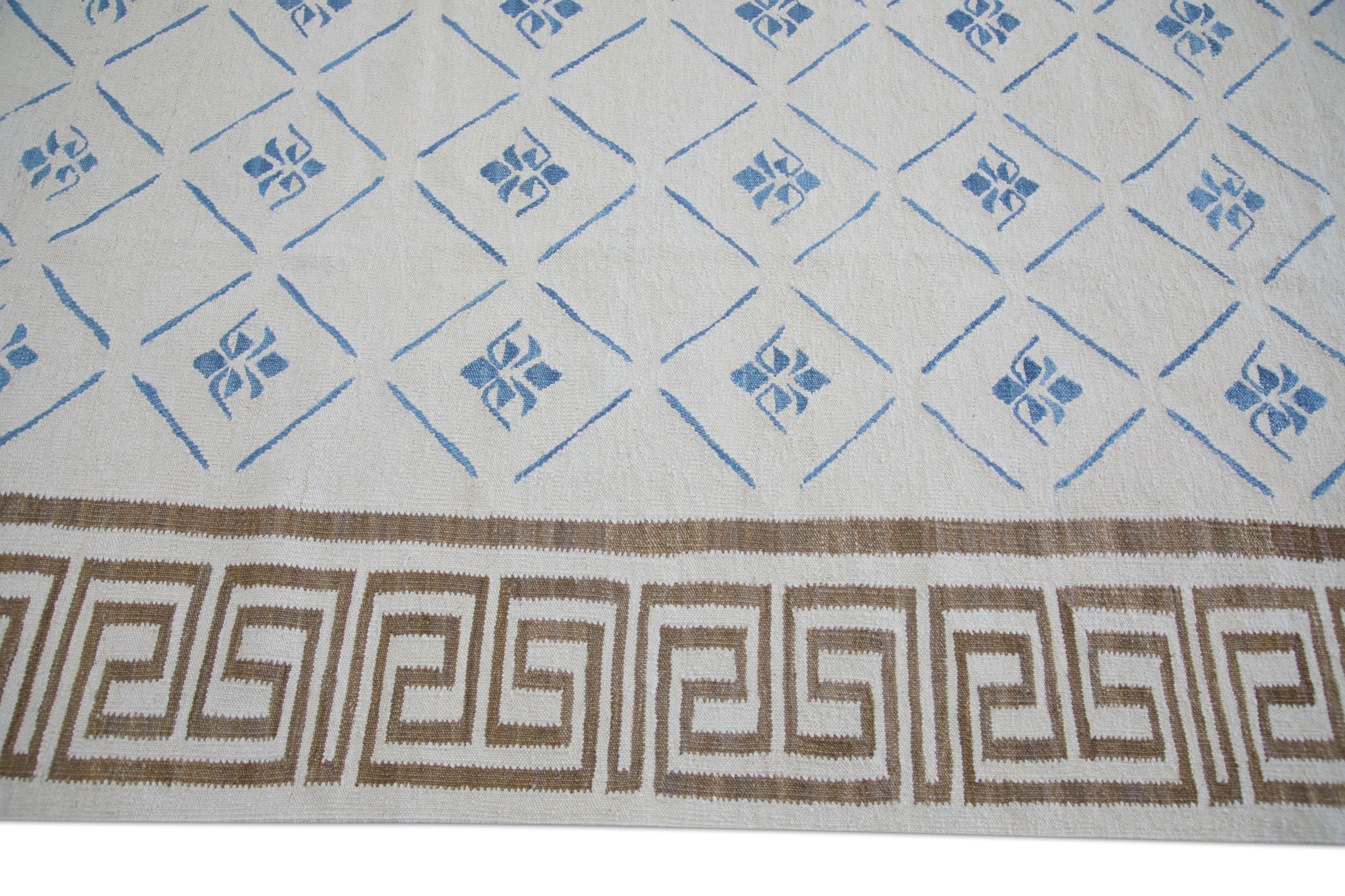 Vegetable Dyed Blue and Brown Modern Flatweave Handmade Wool Rug Made-to-Order Custom Sizes For Sale