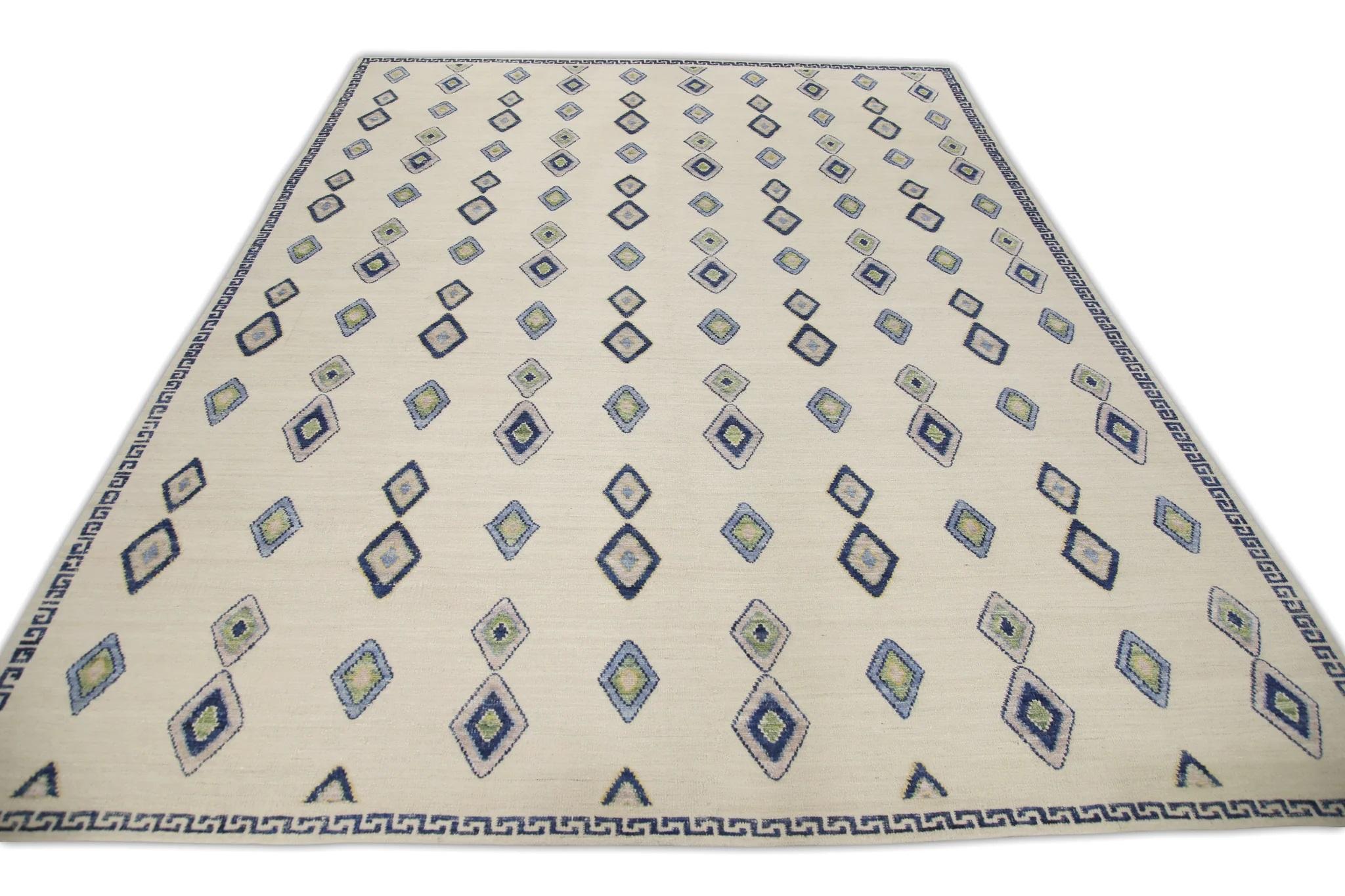 Cream Flatweave Handmade Wool Rug in Blue Geometric Diamond Pattern 10'8