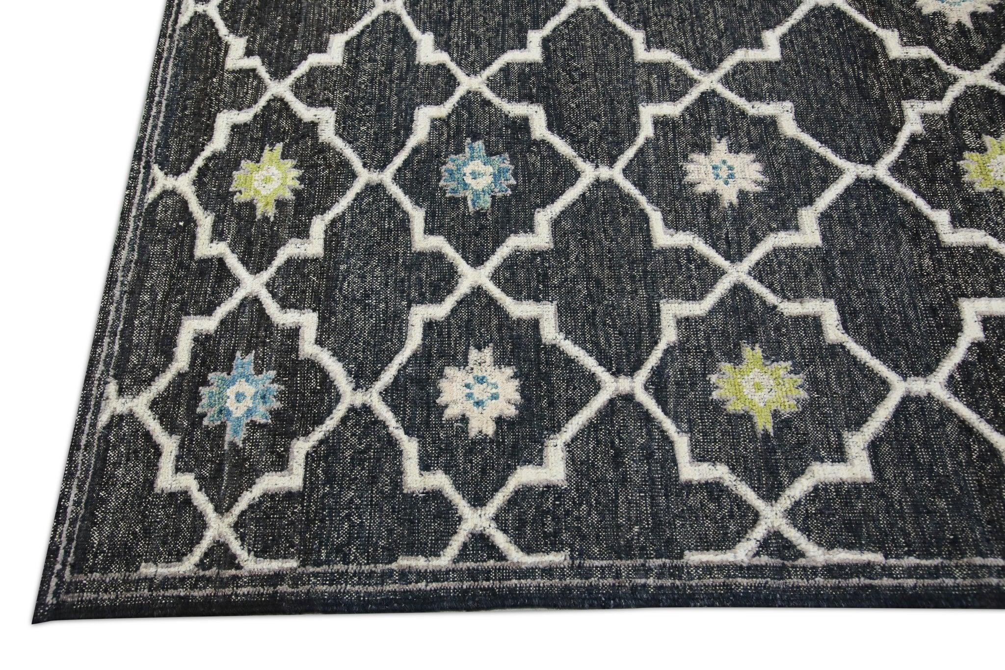 Charcoal Flatweave Handmade Wool Rug in Blue & Green Geometric Design 10' X 12'4 In New Condition For Sale In Houston, TX
