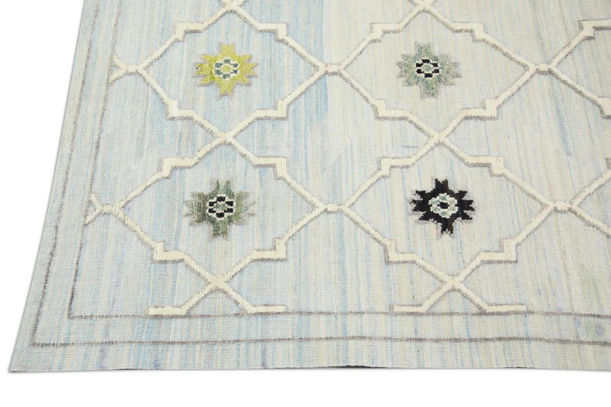 Blue and Green Geometric Design Flatweave Handmade Wool Rug 9'5