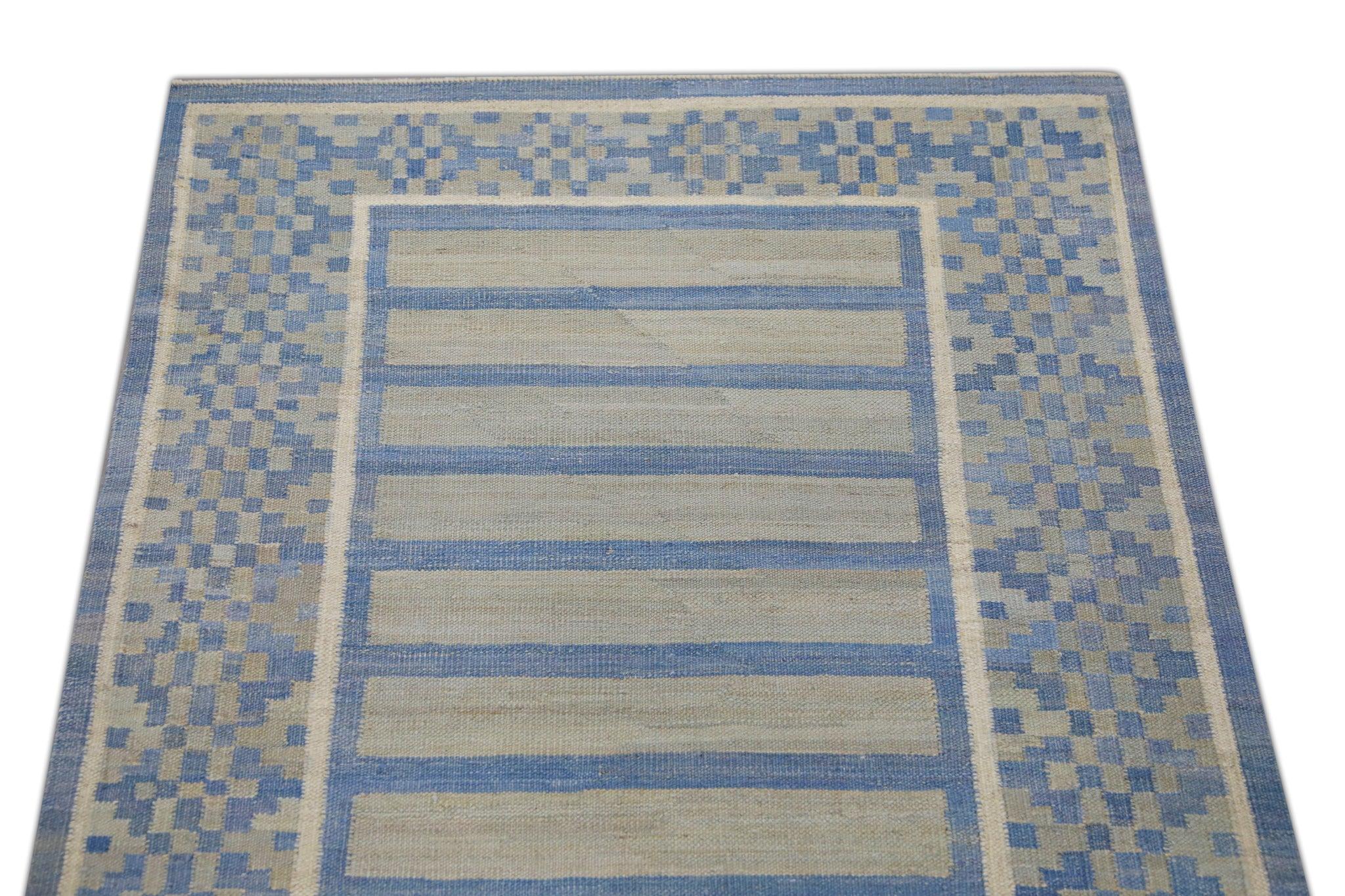 Contemporary Modern Flatweave Handmade Wool Runner in Blue Geometric Design 3'1