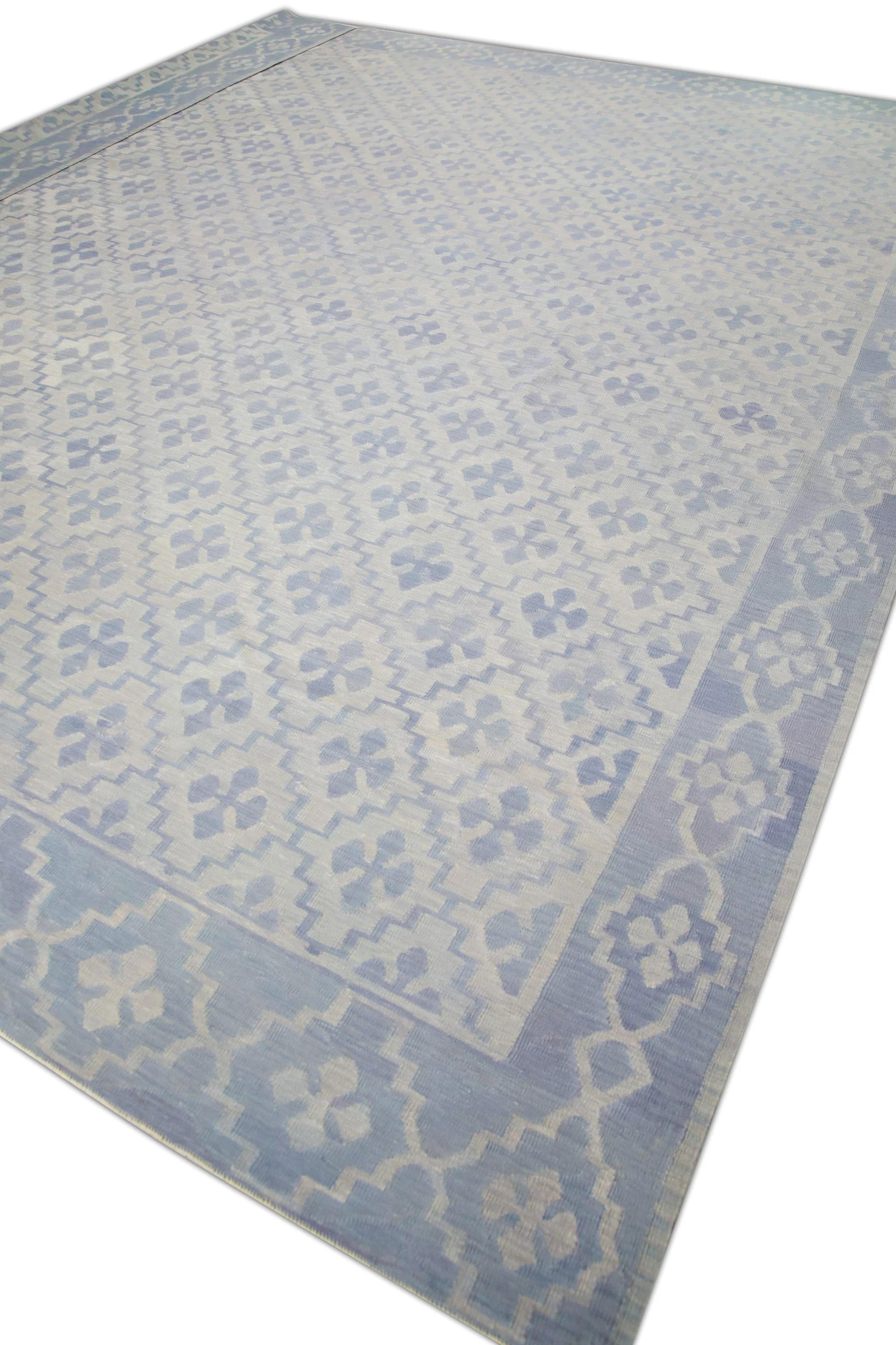 Contemporary Modern Flatweave Handmade Wool Rug in Blue Geometric Design 14'2