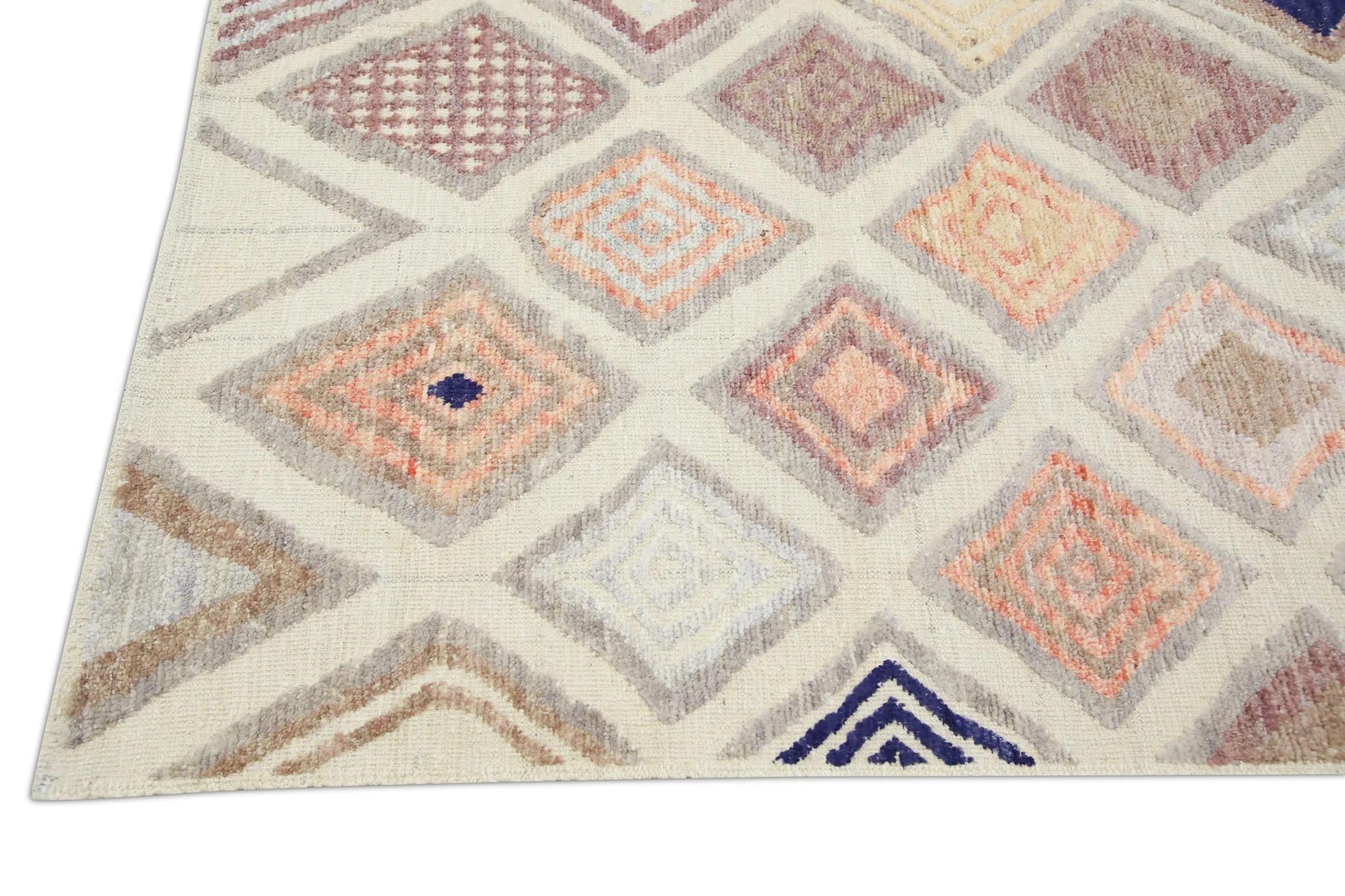 Pink & Blue Geometric Pattern Flatweave Handmade Wool Rug 8'2
