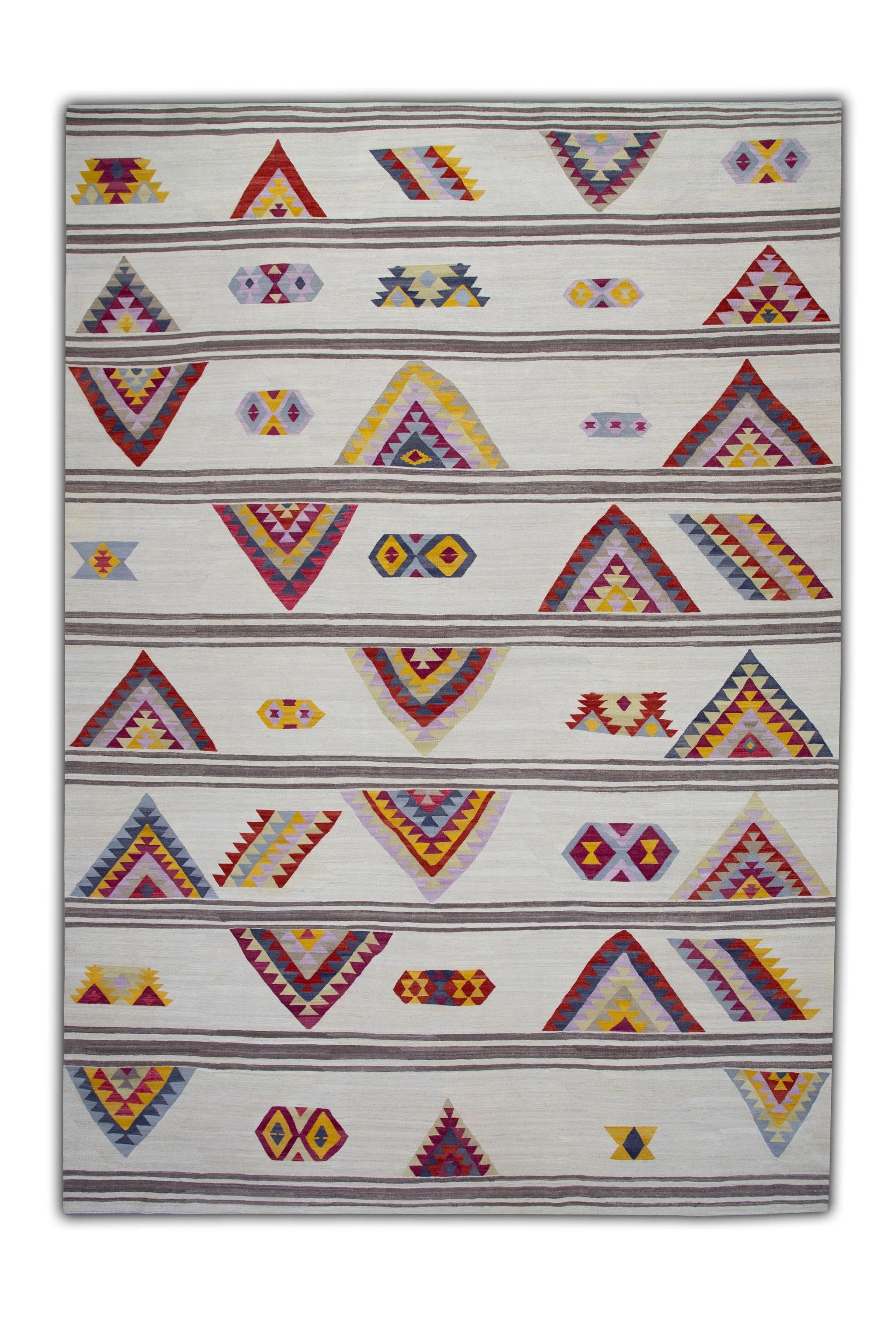 White Multicolor Geometric Pattern Flatweave Handmade Wool Rug 10'1