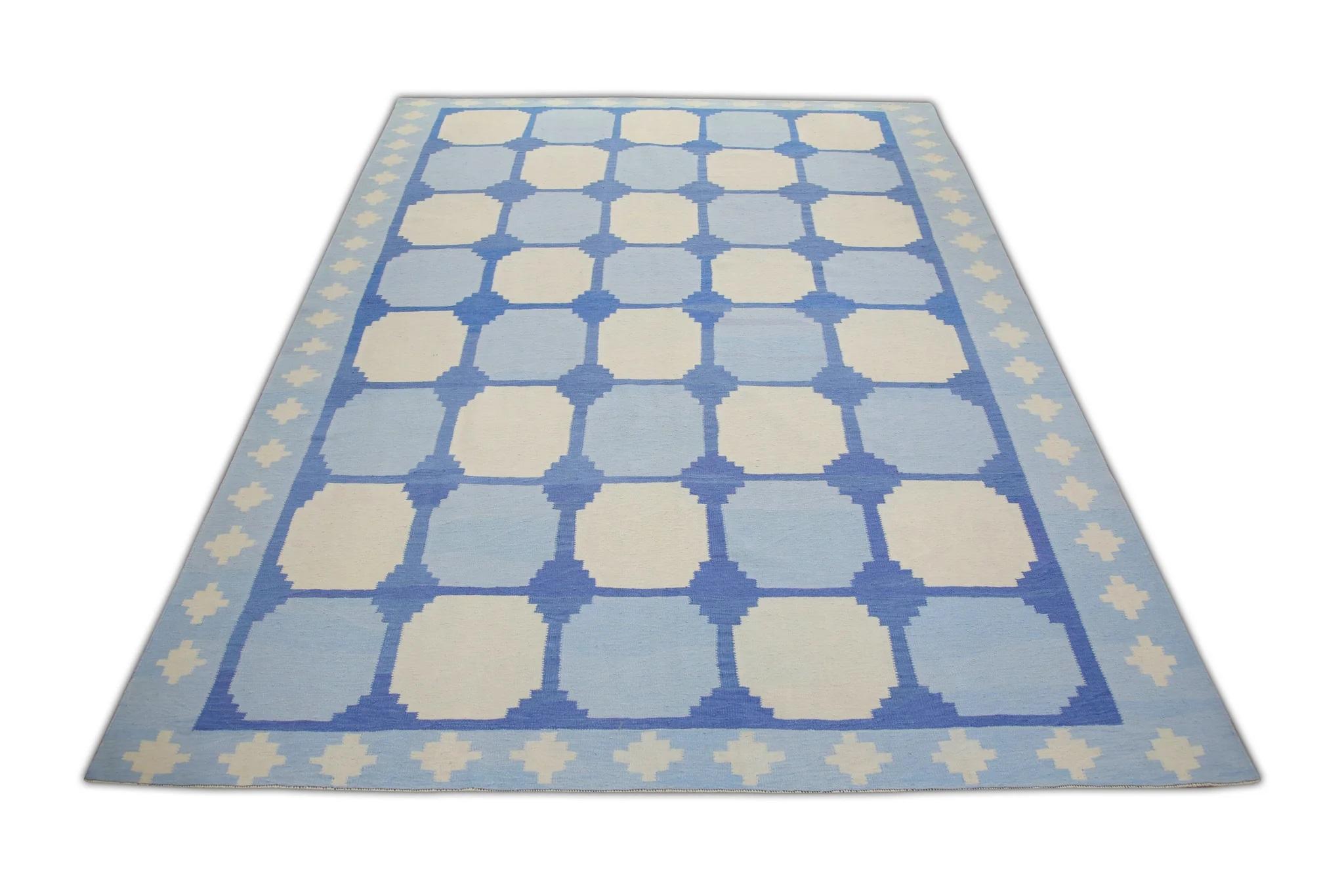 Blue Geometric Design Flatweave Handmade Wool Rug 9' x 12'1
