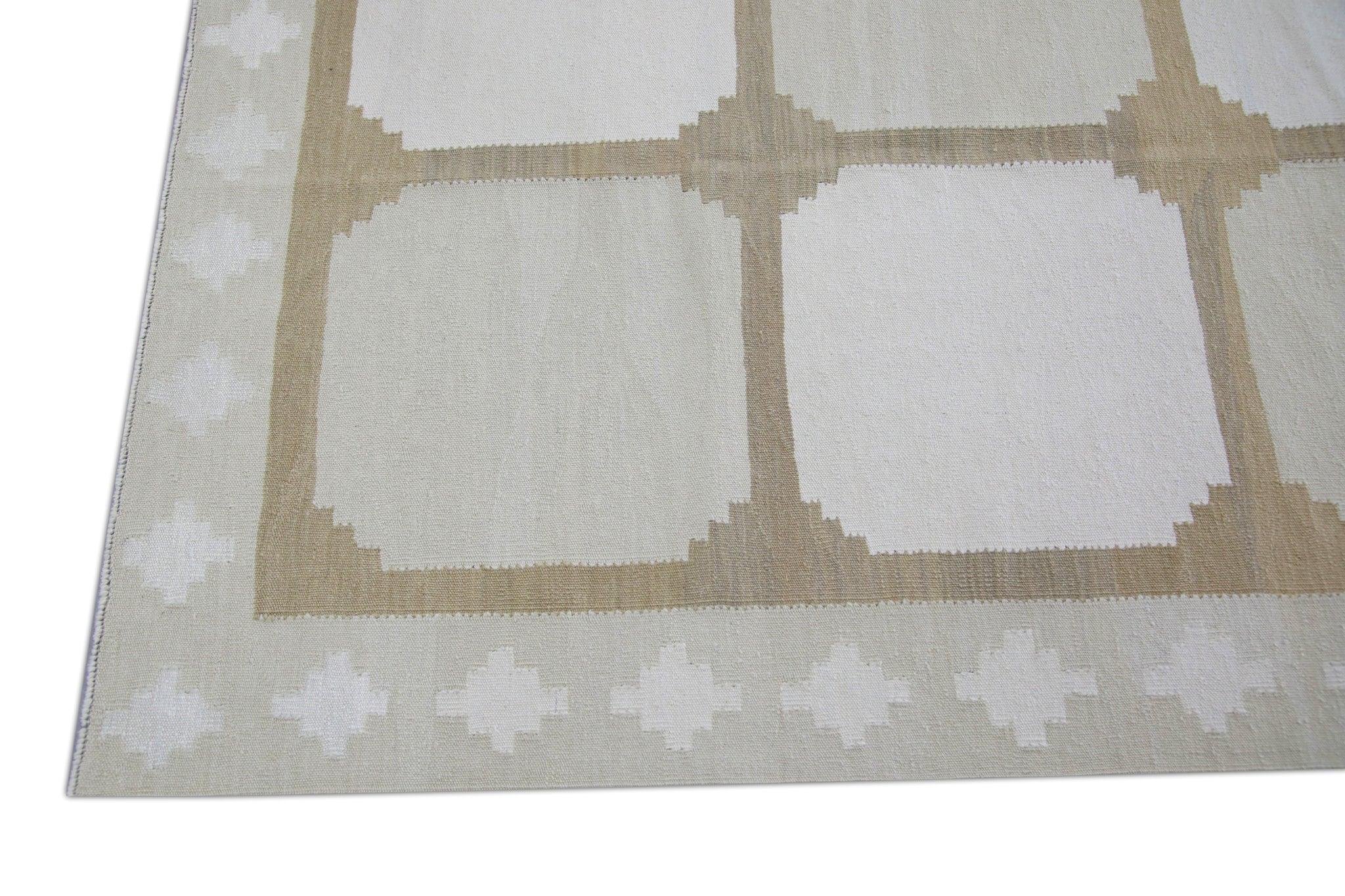 Cream & Brown Geometric Design Flatweave Handmade Wool Rug 9'11