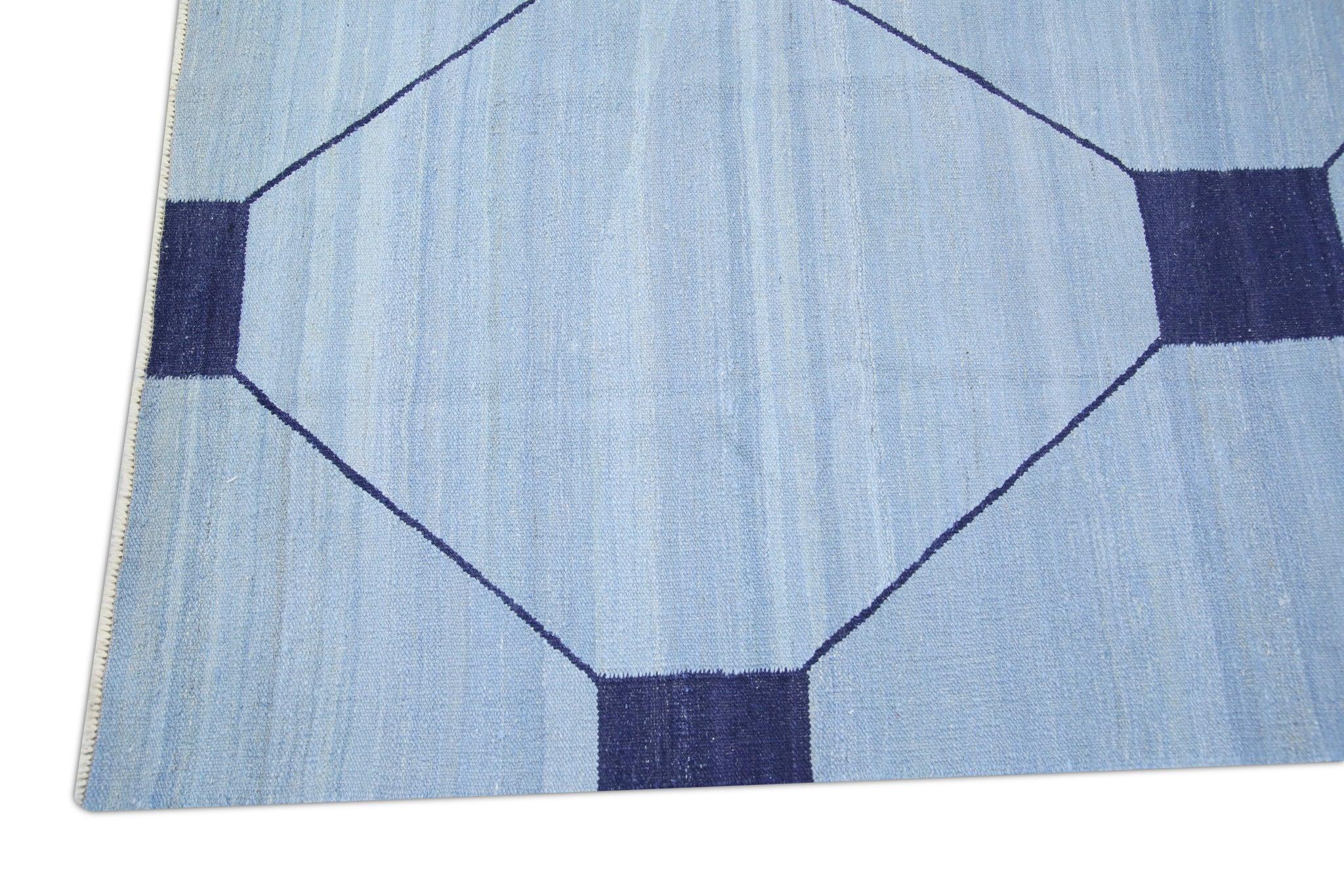 Alfombra de lana azul y azul marino de diseño geométrico de tejido plano hecho a mano 10' X 14'7 en Nuevo estado para la venta en Houston, TX
