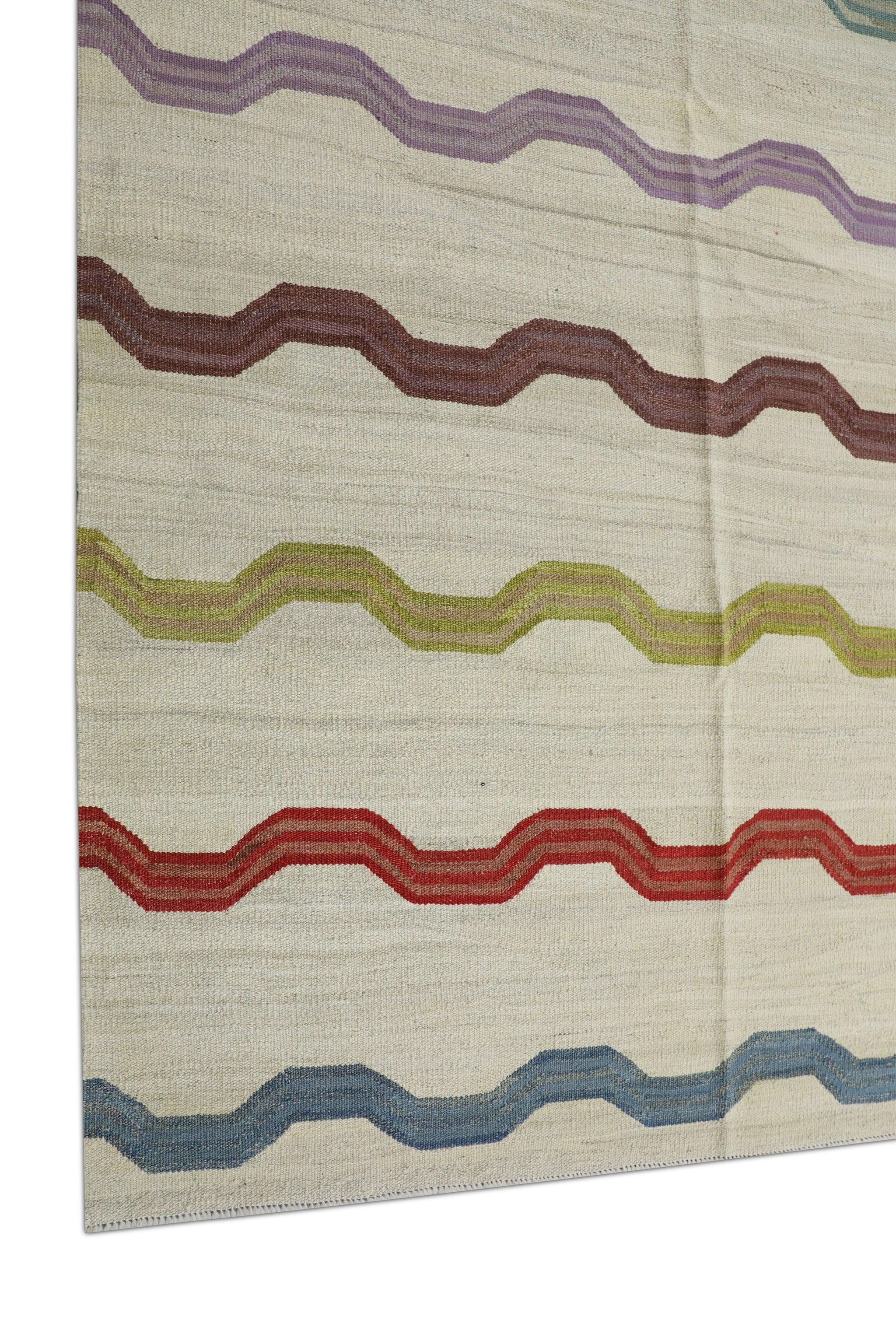 Tappeto in lana fatto a mano multicolore con design a strisce geometriche a tessitura piatta 11'10