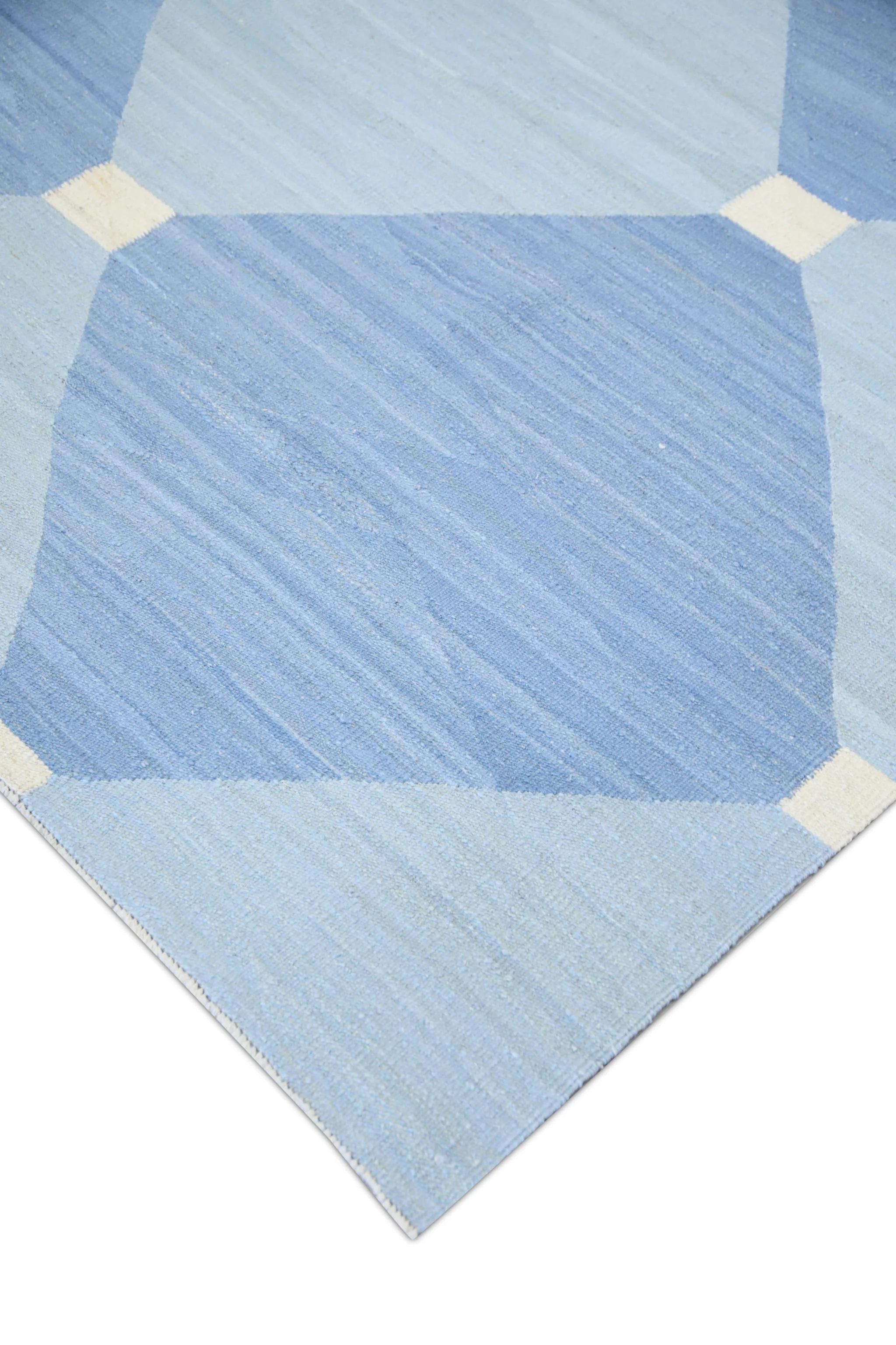 Blue Geometric Design Flatweave Handmade Wool Rug 10'3