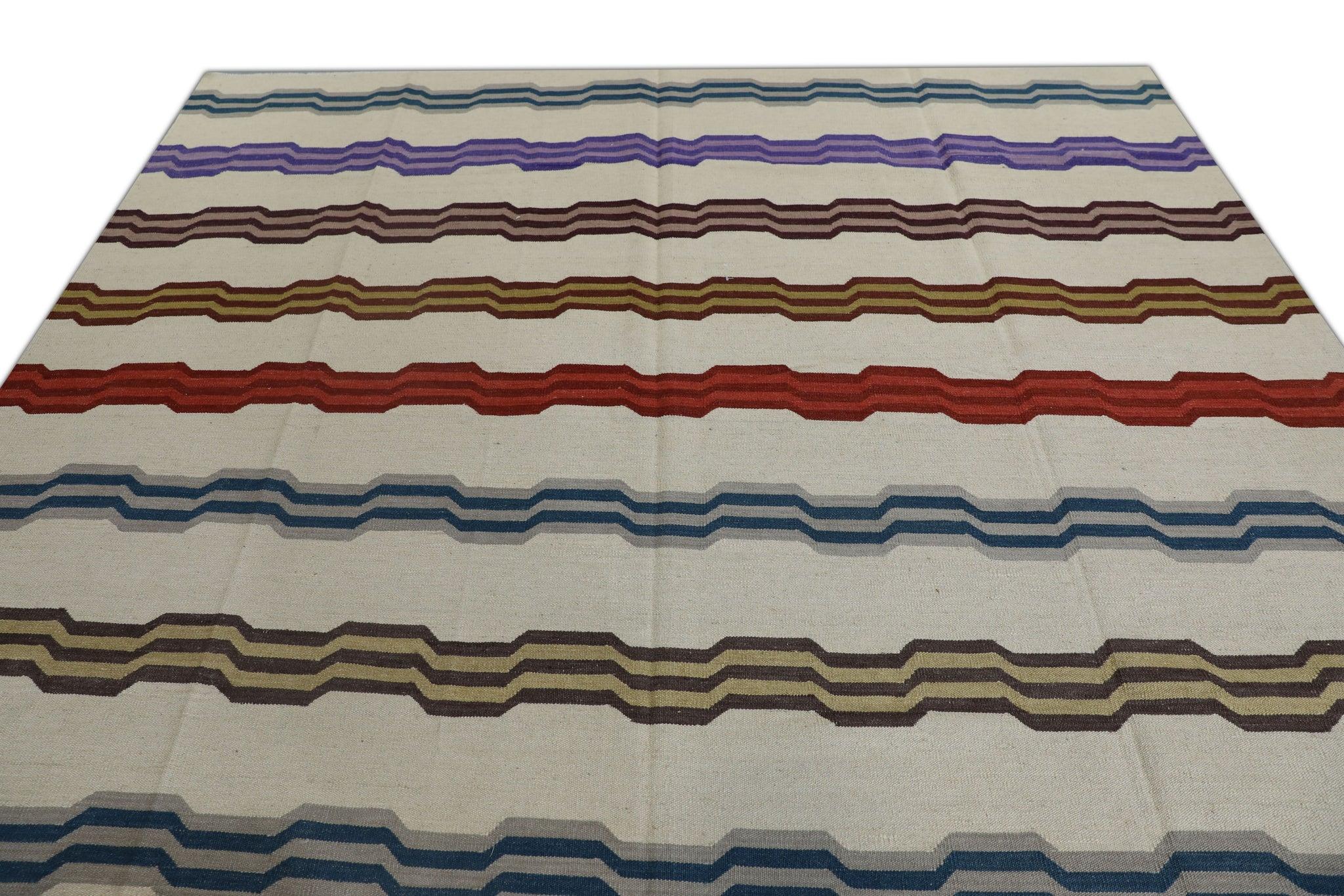 Tappeto in lana fatto a mano multicolore con design a strisce geometriche a tessitura piatta 9'1
