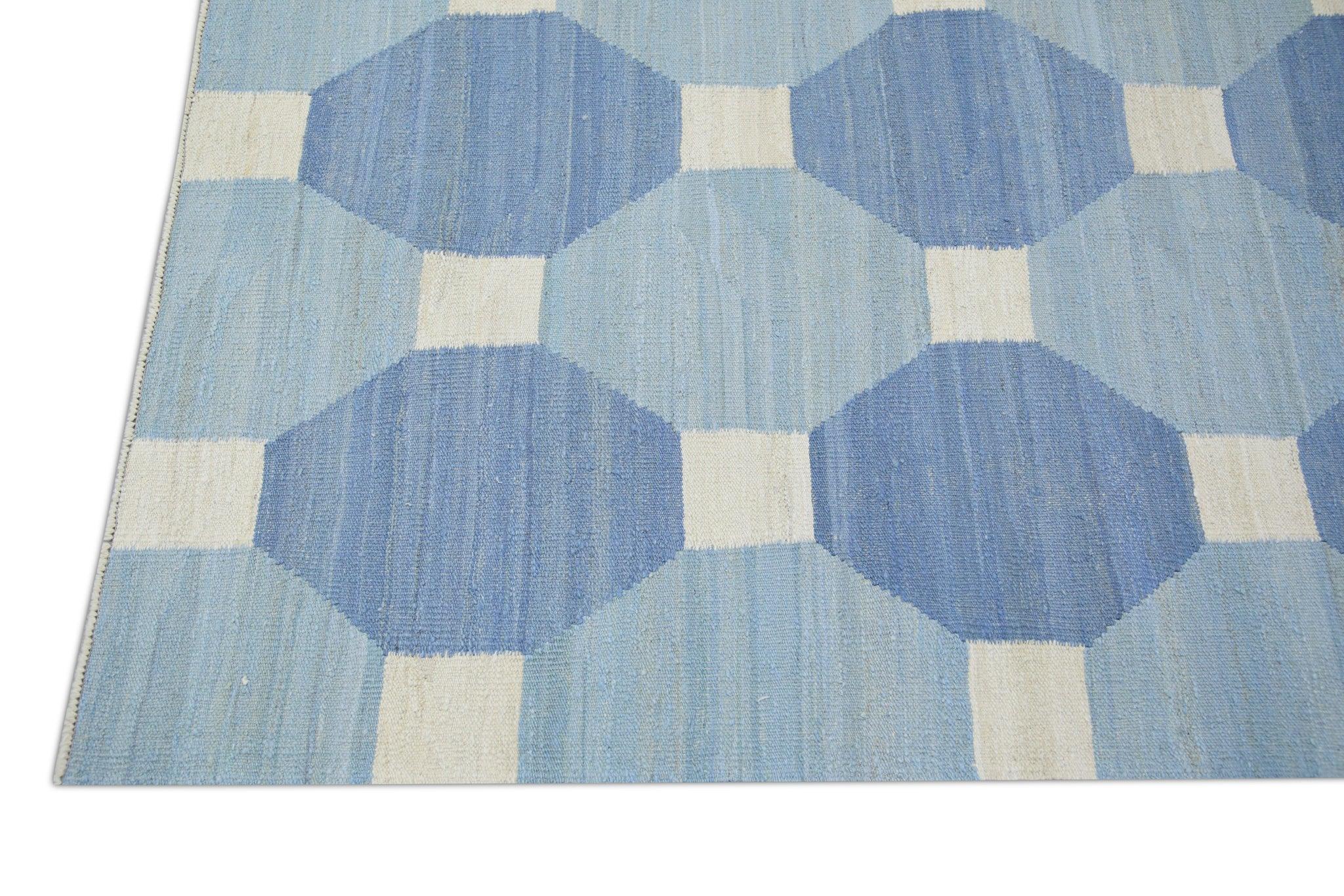 Tapis en laine bleu à motifs géométriques tissés à plat fait à la main 8'9