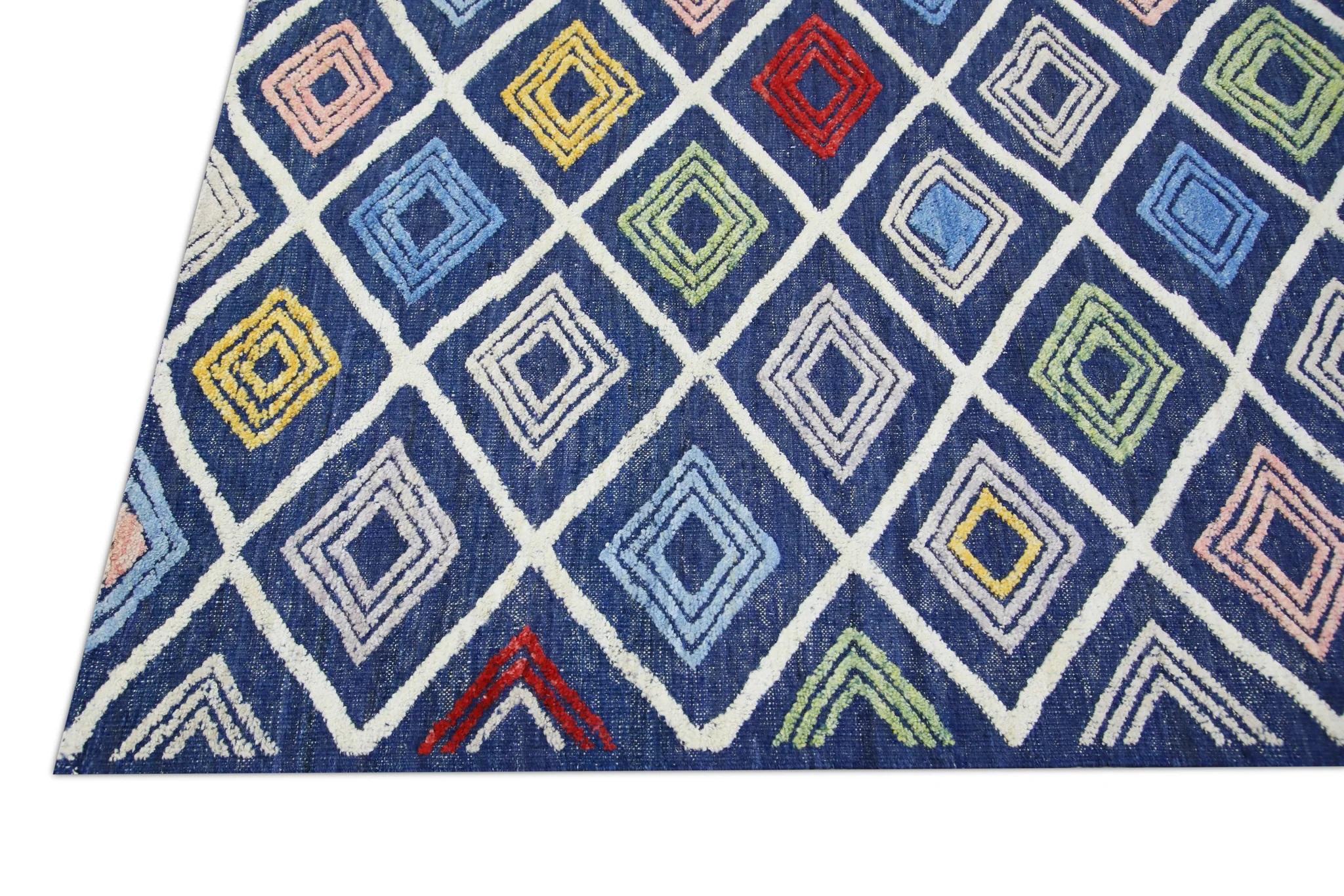 Blue Multicolor Geometric Design Flatweave Handmade Wool Rug 8'5