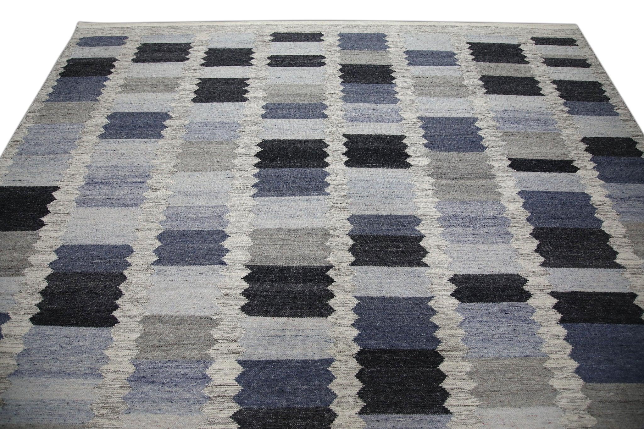 Tappeto in lana fatto a mano con disegno geometrico blu e grigio, 9' X 12'3