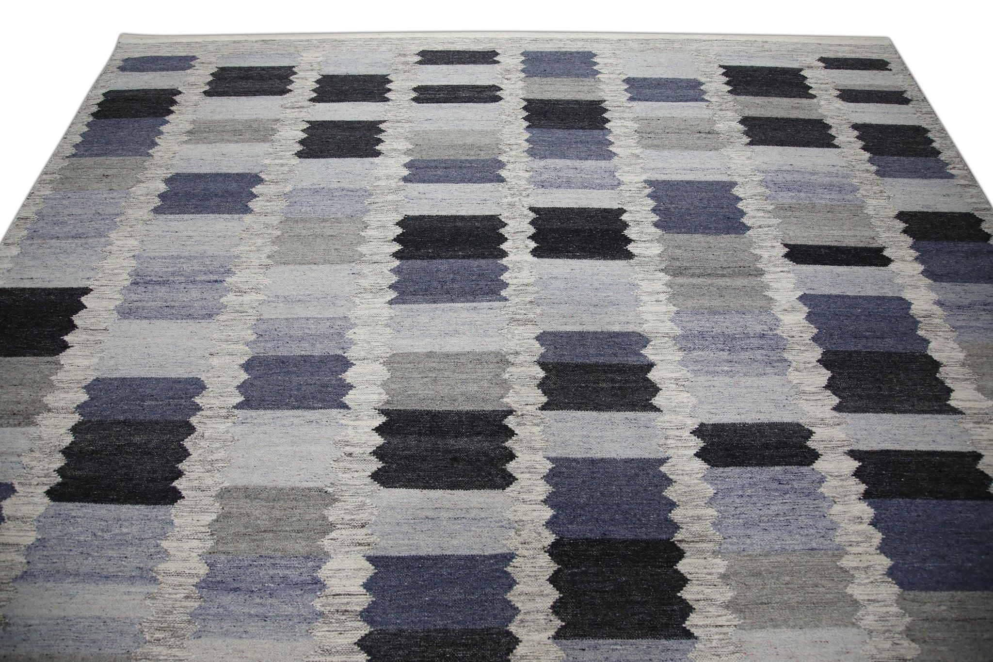 Blue & Gray Geometric Design Flatweave Handmade Wool Rug 9' X 12'3