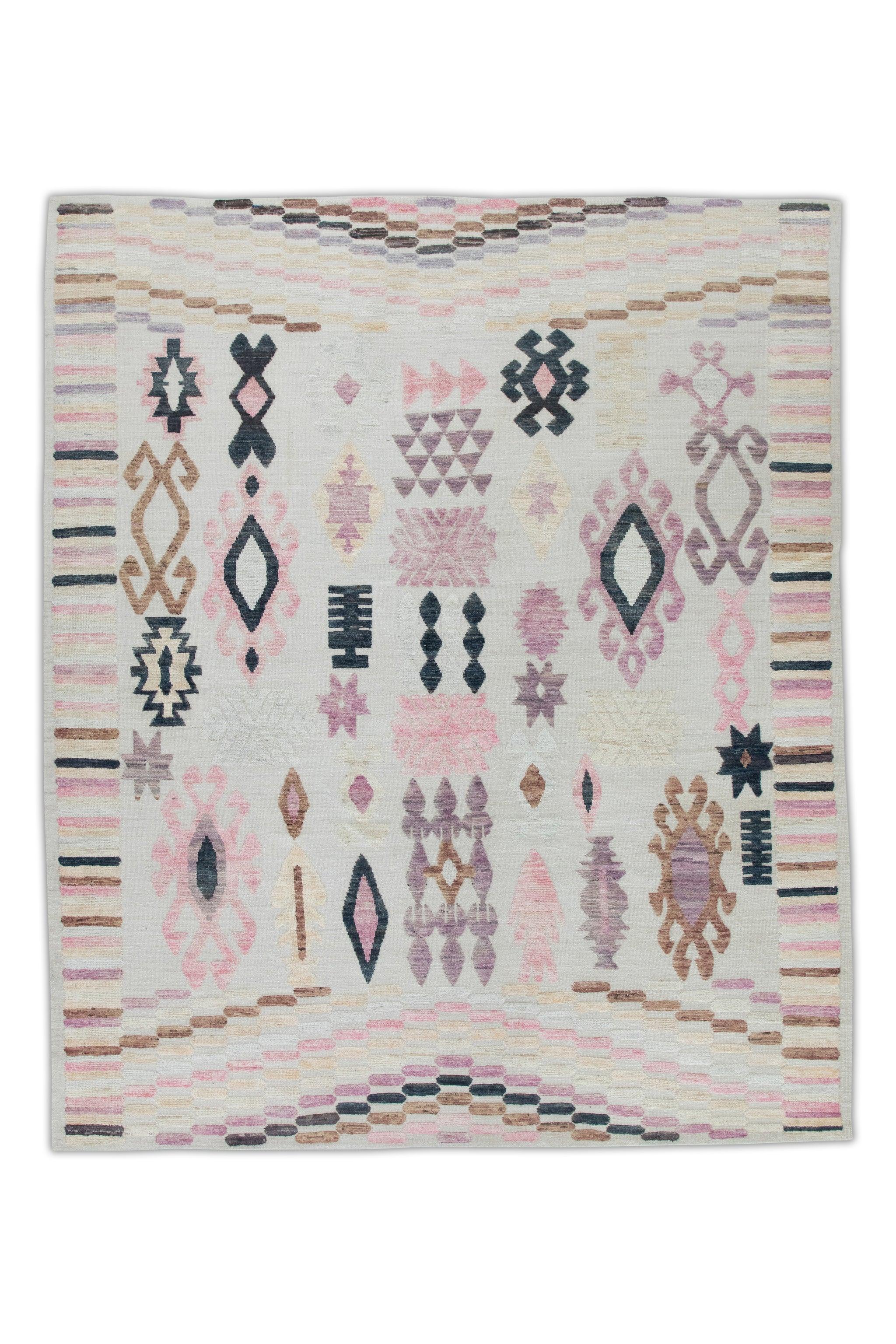 Pink, Purple, Brown Geometric Design Flatweave Handmade Wool Rug 9'11