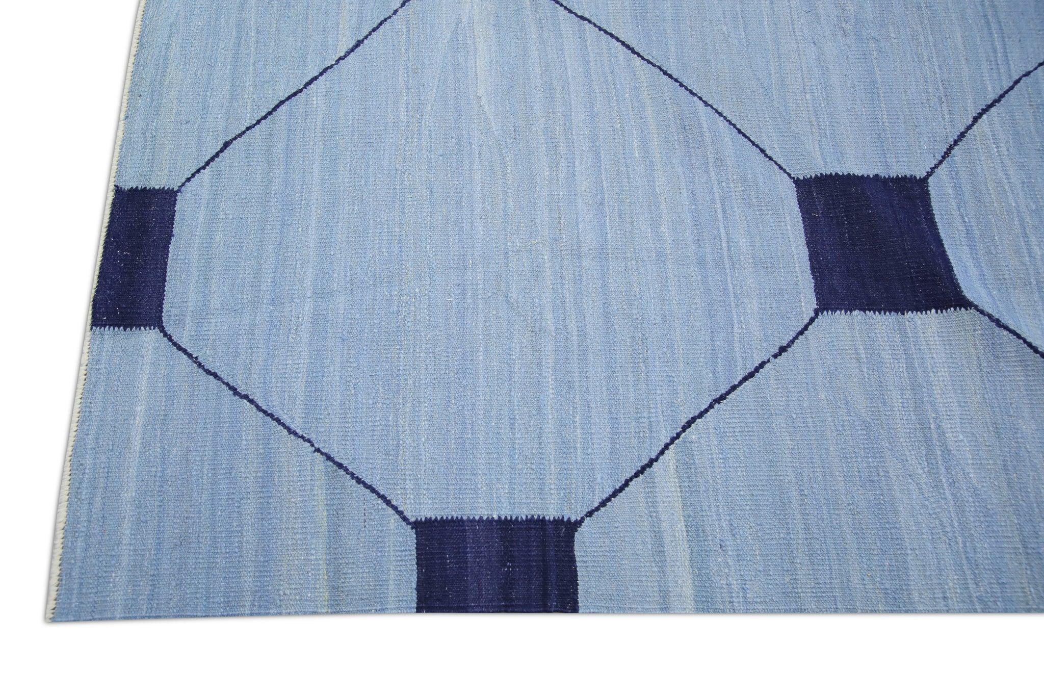Blue & Navy Geometric Design Flatweave Handmade Wool Rug 10'5